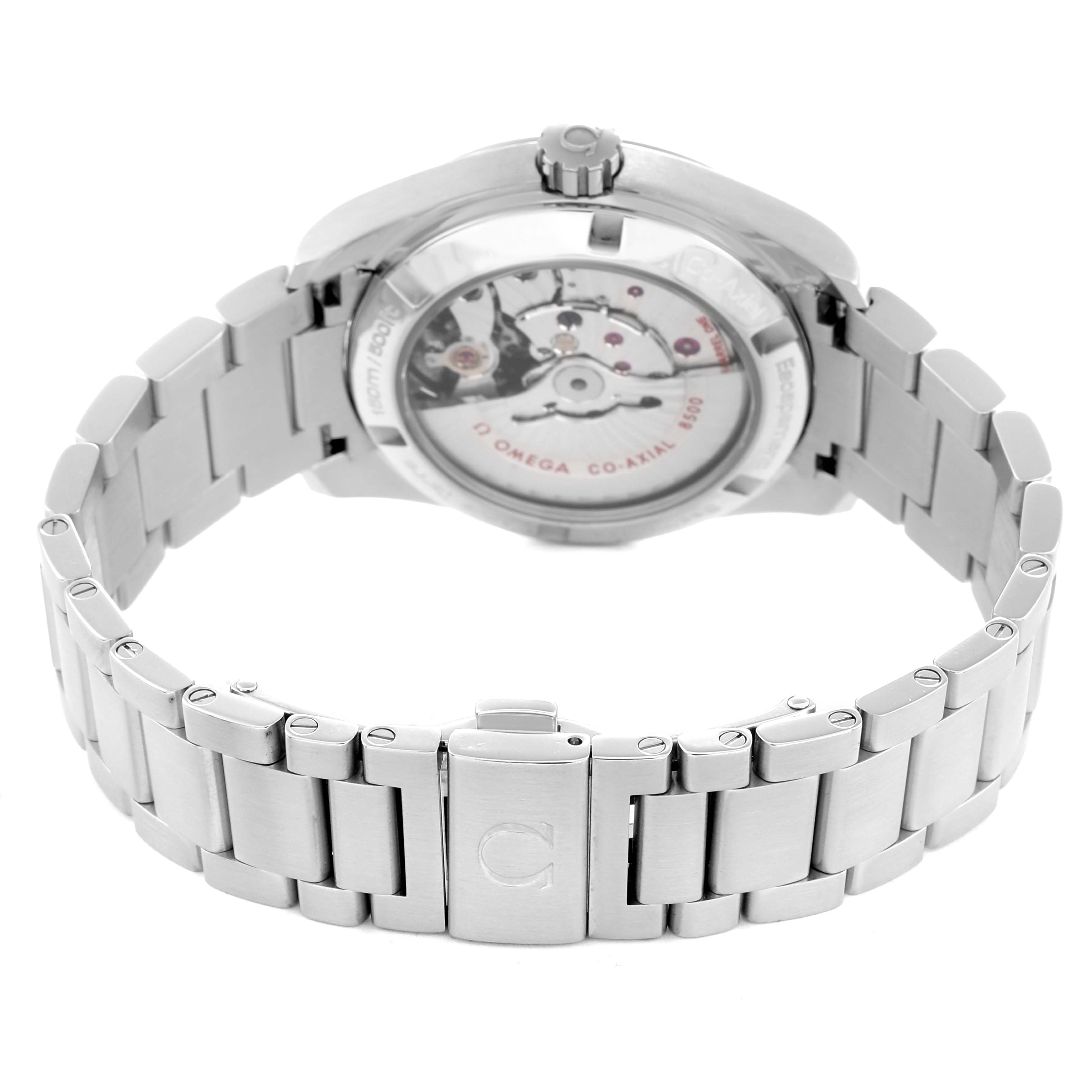 The Omega Aqua Terra 231.10.39.21.06.001 Men
s Stainless Steel Grey Dial watch is shown from the back, highlighting the open case back and stainless steel bracelet.