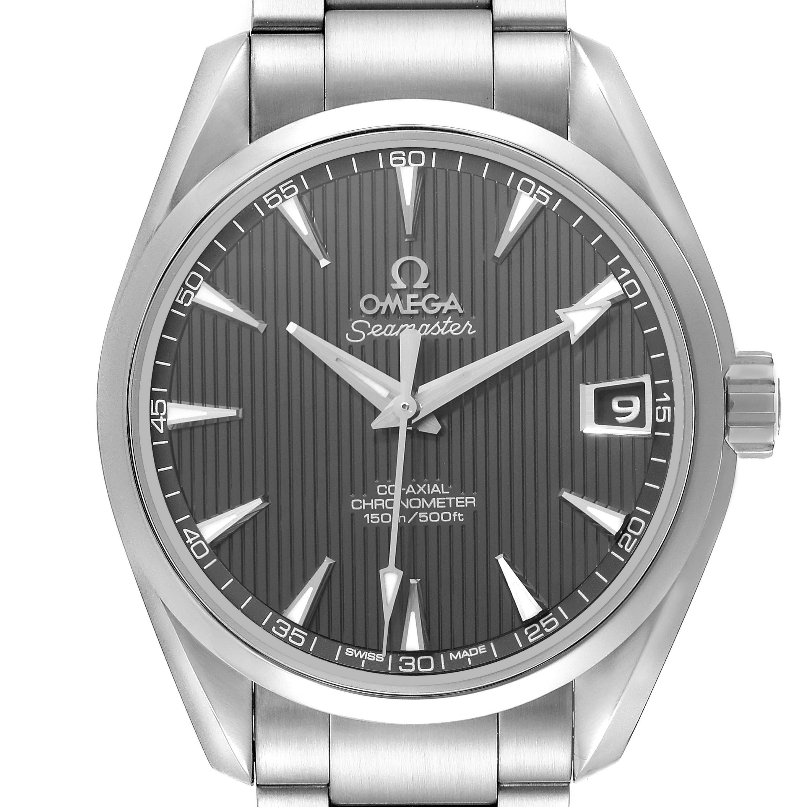 The Omega Aqua Terra 231.10.39.21.06.001 Men
s Stainless Steel Grey Dial watch is shown from the front, displaying its dial, hands, date, and bracelet top.