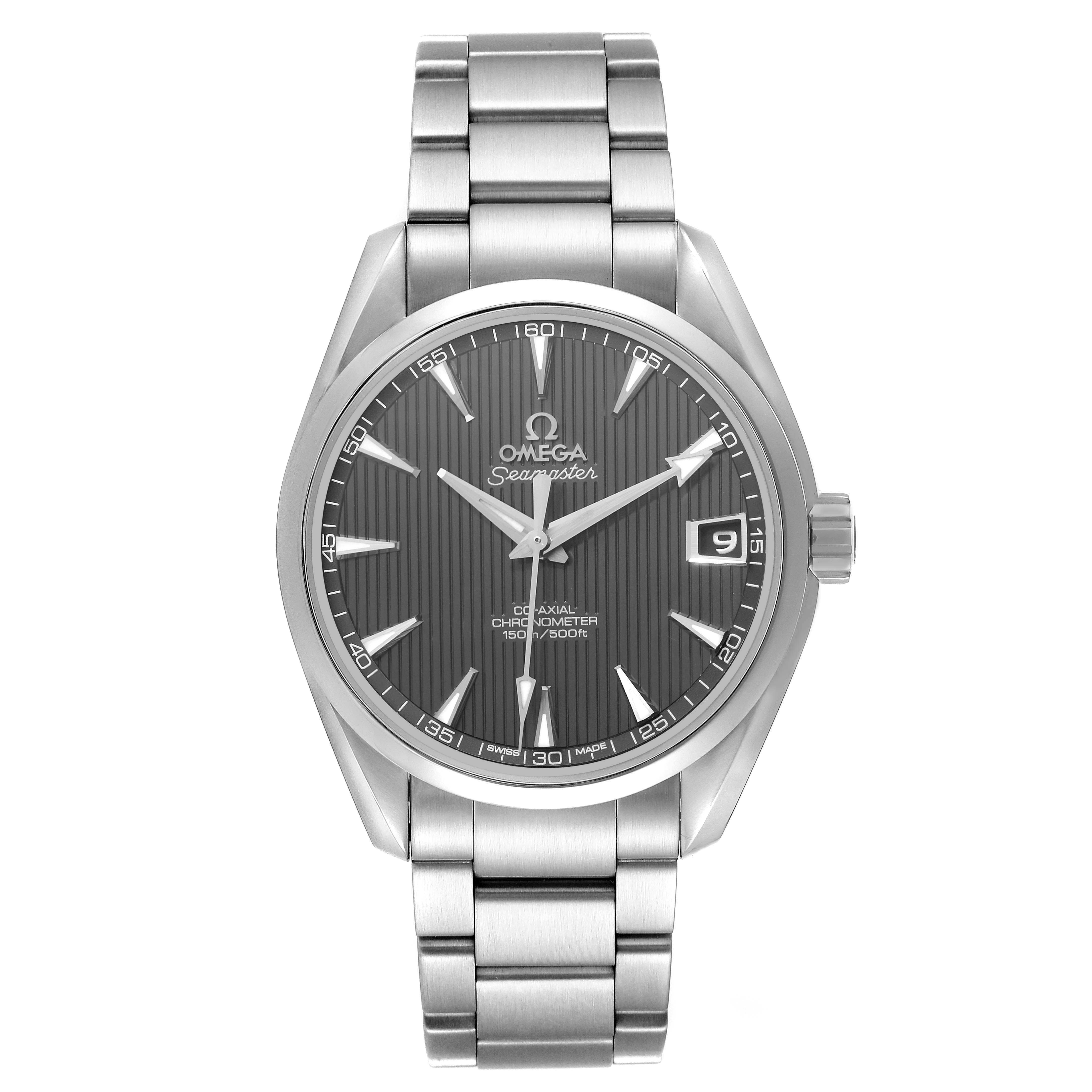 The Omega Aqua Terra 231.10.39.21.06.001 Men
s Stainless Steel Grey Dial watch is shown from the front, displaying the dial, hands, case, and part of the bracelet.