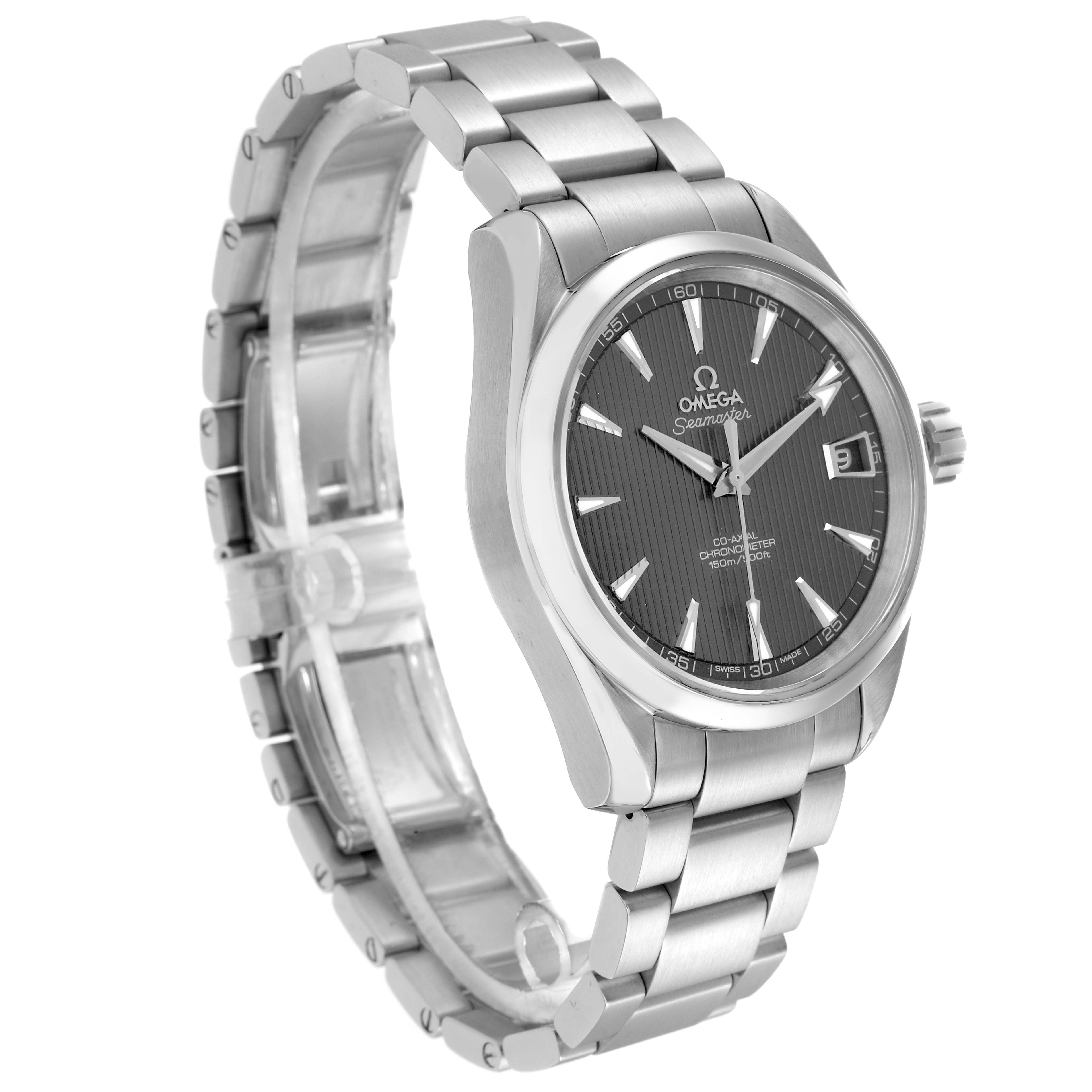The Omega Aqua Terra 231.10.39.21.06.001 Men
s Stainless Steel Grey Dial watch is shown at a three-quarter angle, displaying the face, bezel, bracelet, and crown.