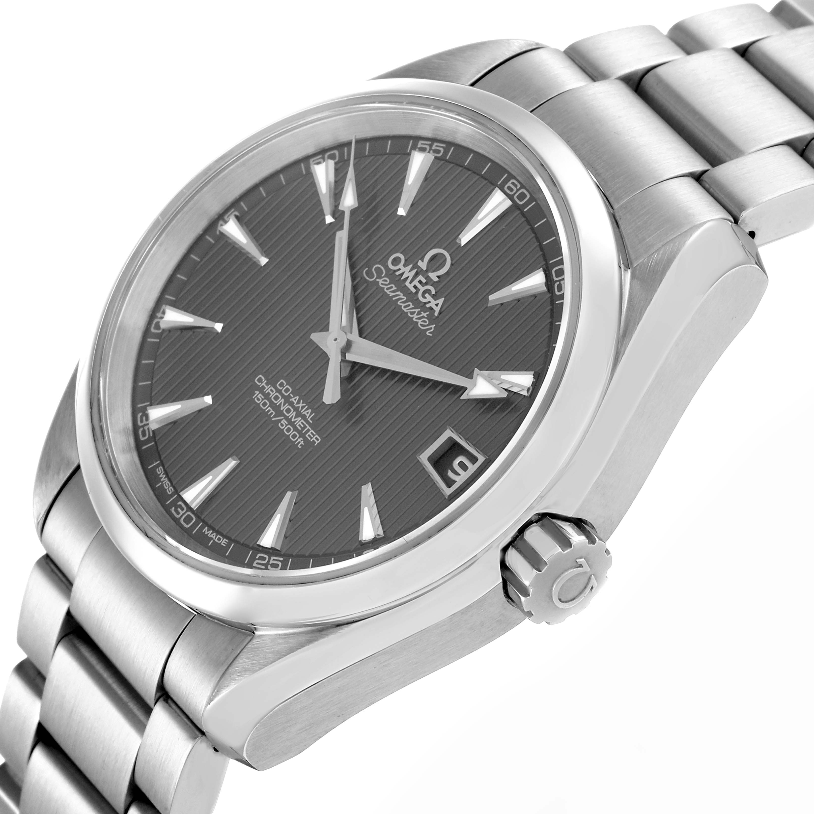 The Omega Aqua Terra 231.10.39.21.06.001 Men
s Stainless Steel Grey Dial watch is shown at an angled view, displaying the face, bezel, crown, and part of the bracelet.