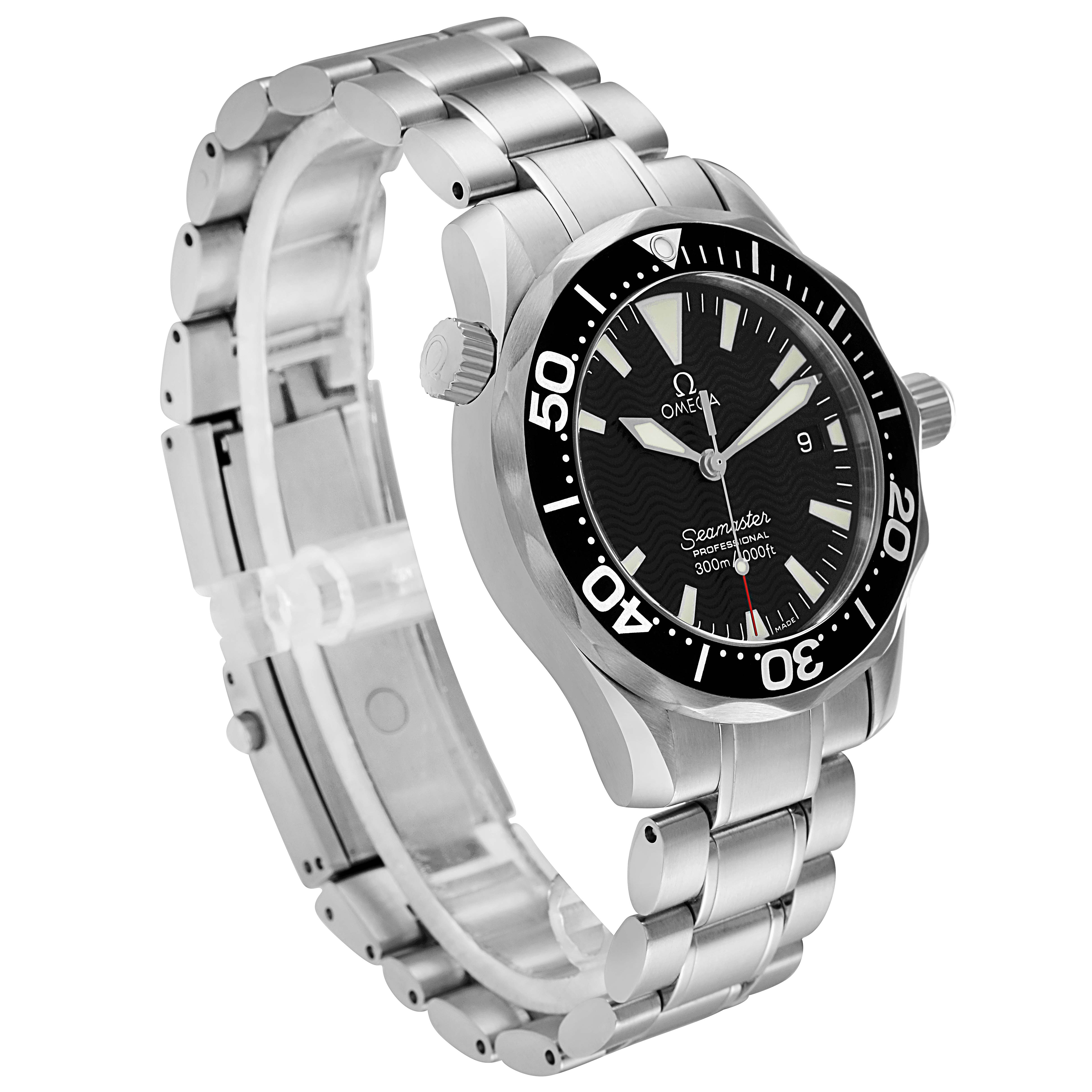 The Omega Seamaster 2262.50.00 Men
s Stainless Steel Black Dial watch is shown at a three-quarter angle, highlighting the bracelet, bezel, and face.