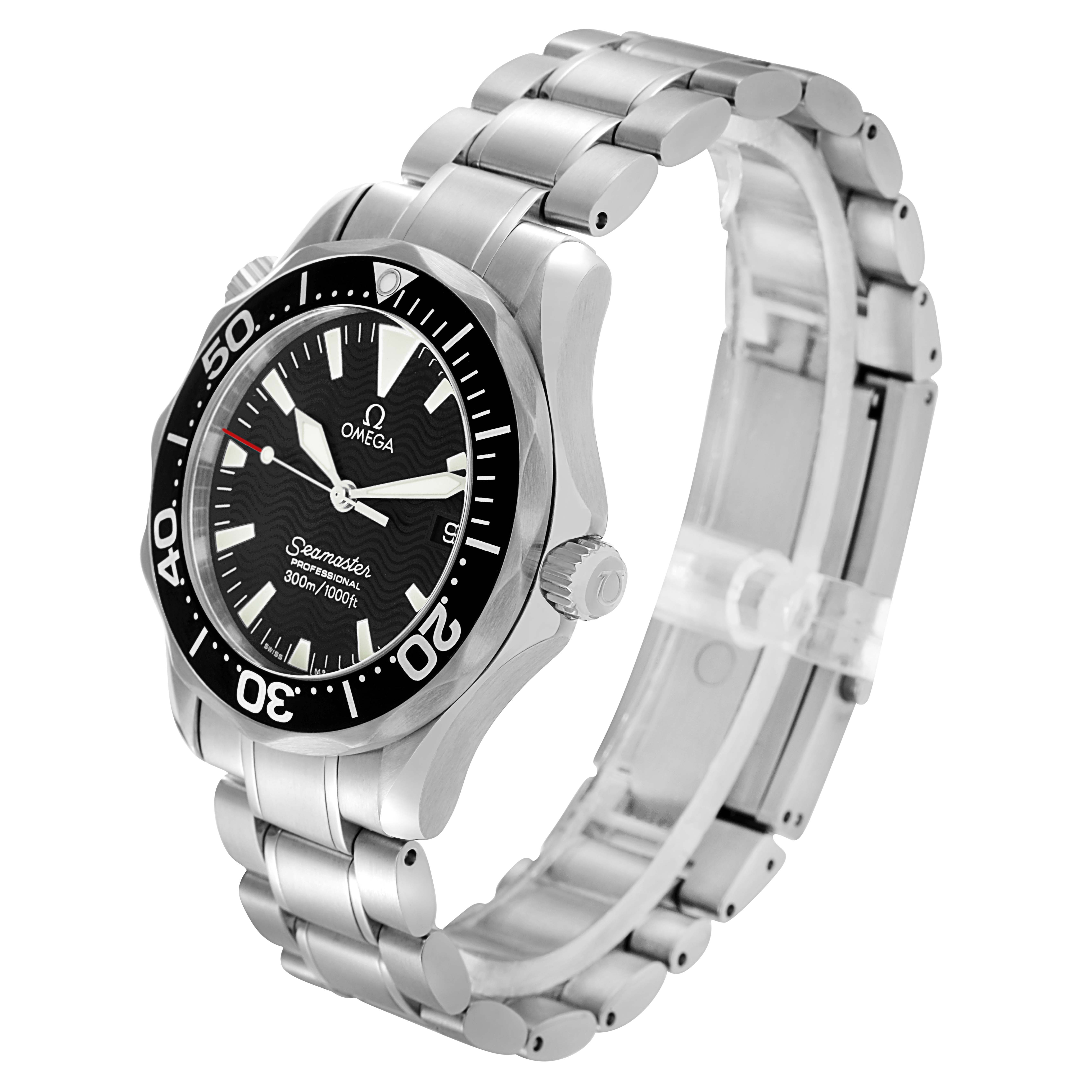 The Omega Seamaster 2262.50.00 Men
s Stainless Steel Black Dial watch is shown at a three-quarter angle, displaying the dial, bezel, bracelet, and crown.