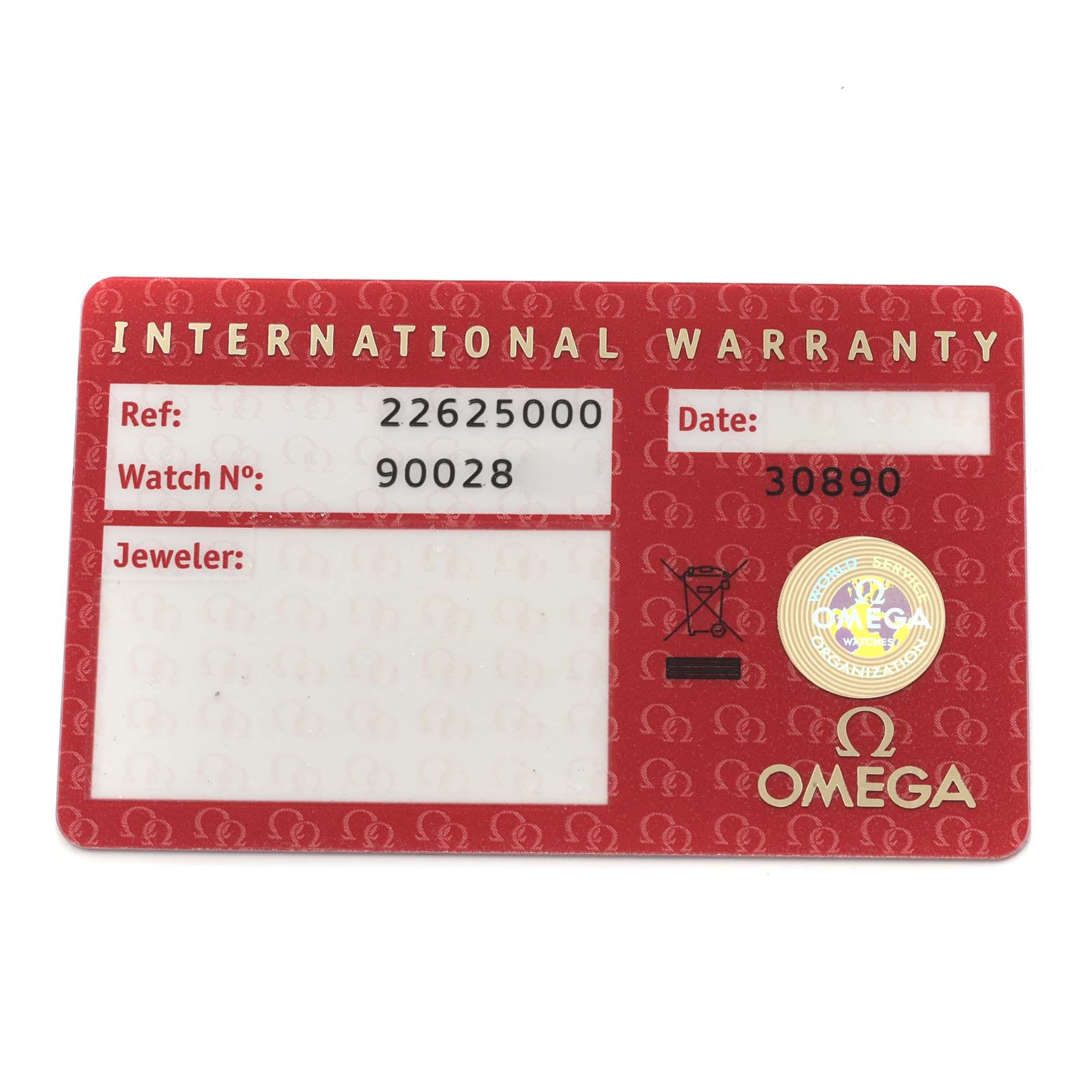 This image shows an Omega Seamaster 2262.50.00 Men
s Stainless Steel Black Dial International Warranty card with reference and watch numbers.