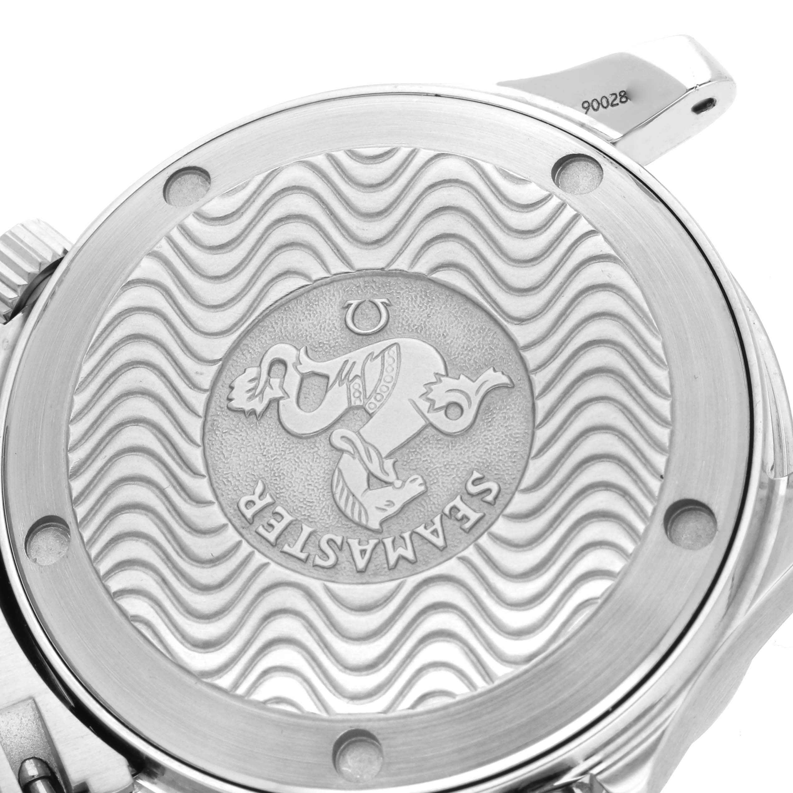 The image shows the case back of an Omega Seamaster 2262.50.00 Men
s Stainless Steel Black Dial watch, displaying its engraved design and wave pattern.