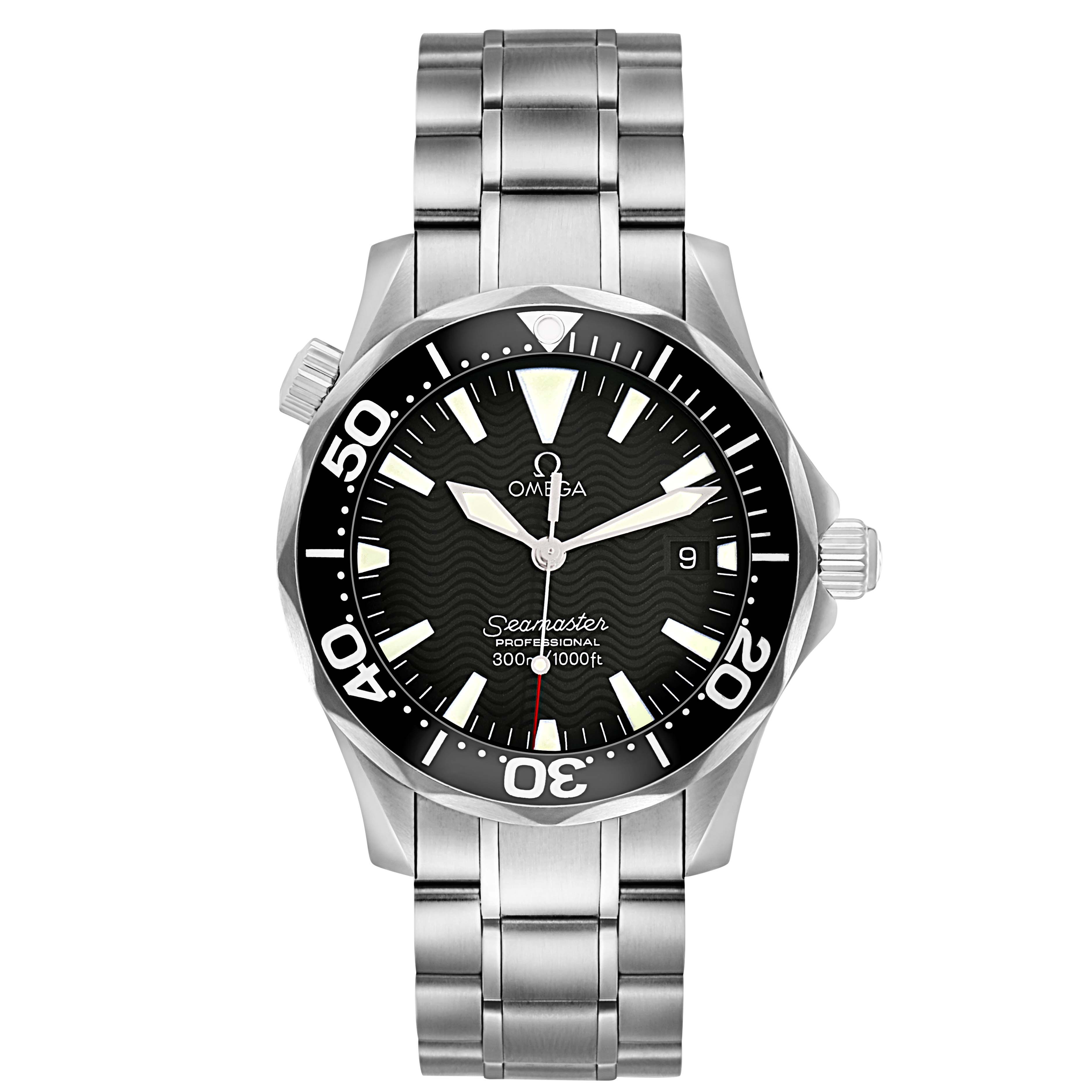 The Omega Seamaster 2262.50.00 Men
s Stainless Steel Black Dial watch is shown from a front angle, displaying the face, bezel, and metal bracelet clearly.