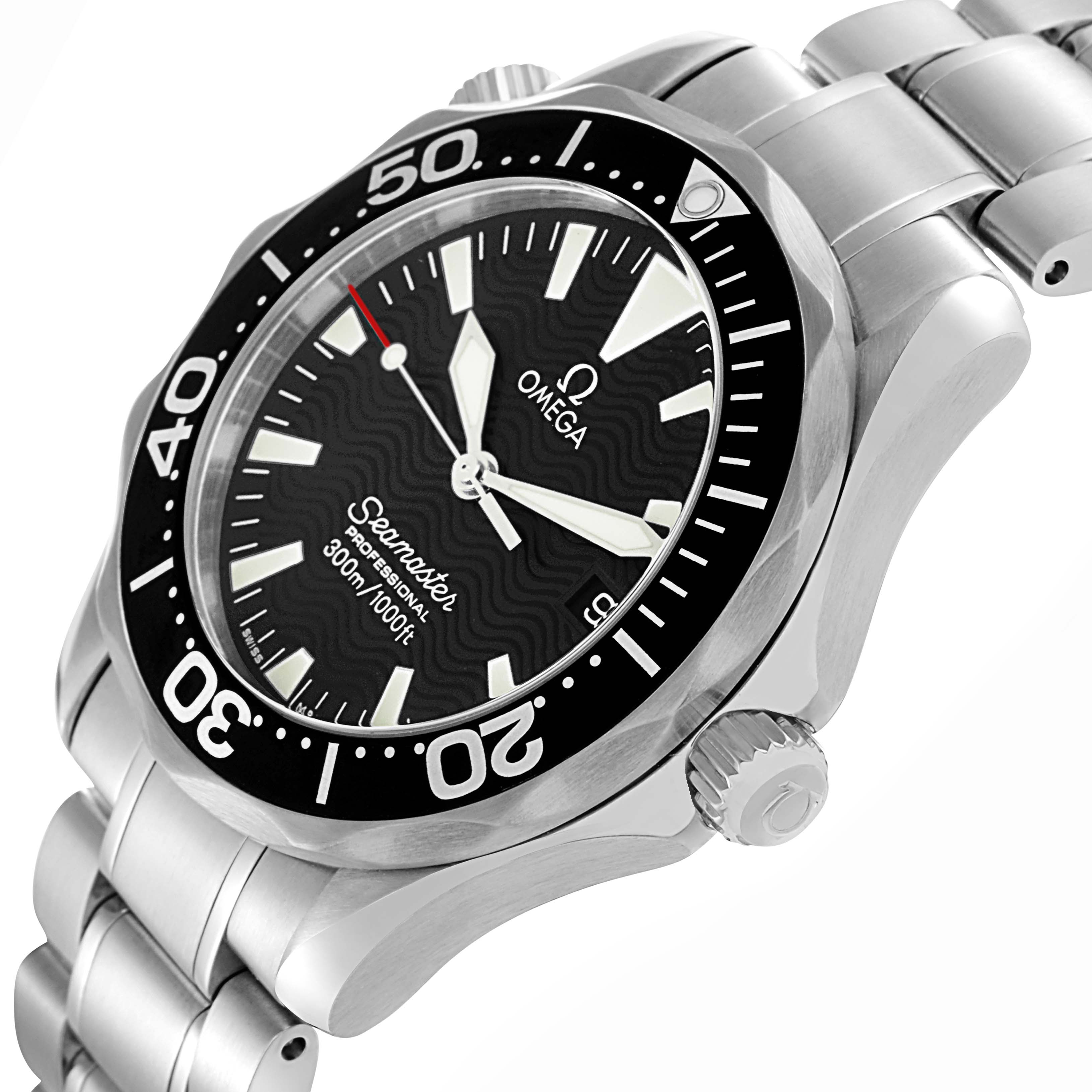 The Omega Seamaster 2262.50.00 Men
s Stainless Steel Black Dial watch is shown at a three-quarter angle, highlighting the bezel, dial, crown, and part of the bracelet.