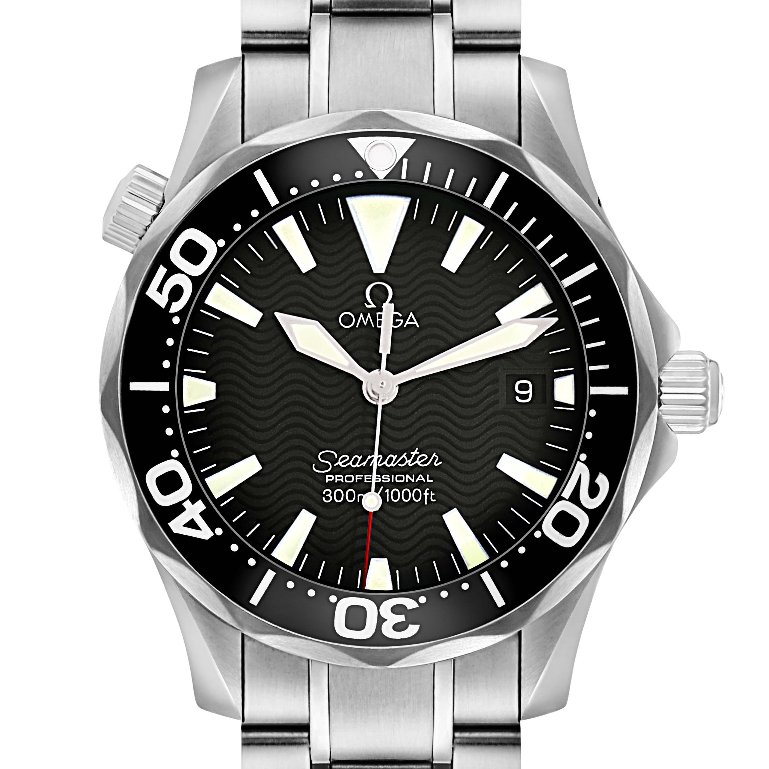 The Omega Seamaster 2262.50.00 Men
s Stainless Steel Black Dial watch is shown from a front angle, displaying the dial, bezel, and partial bracelet.