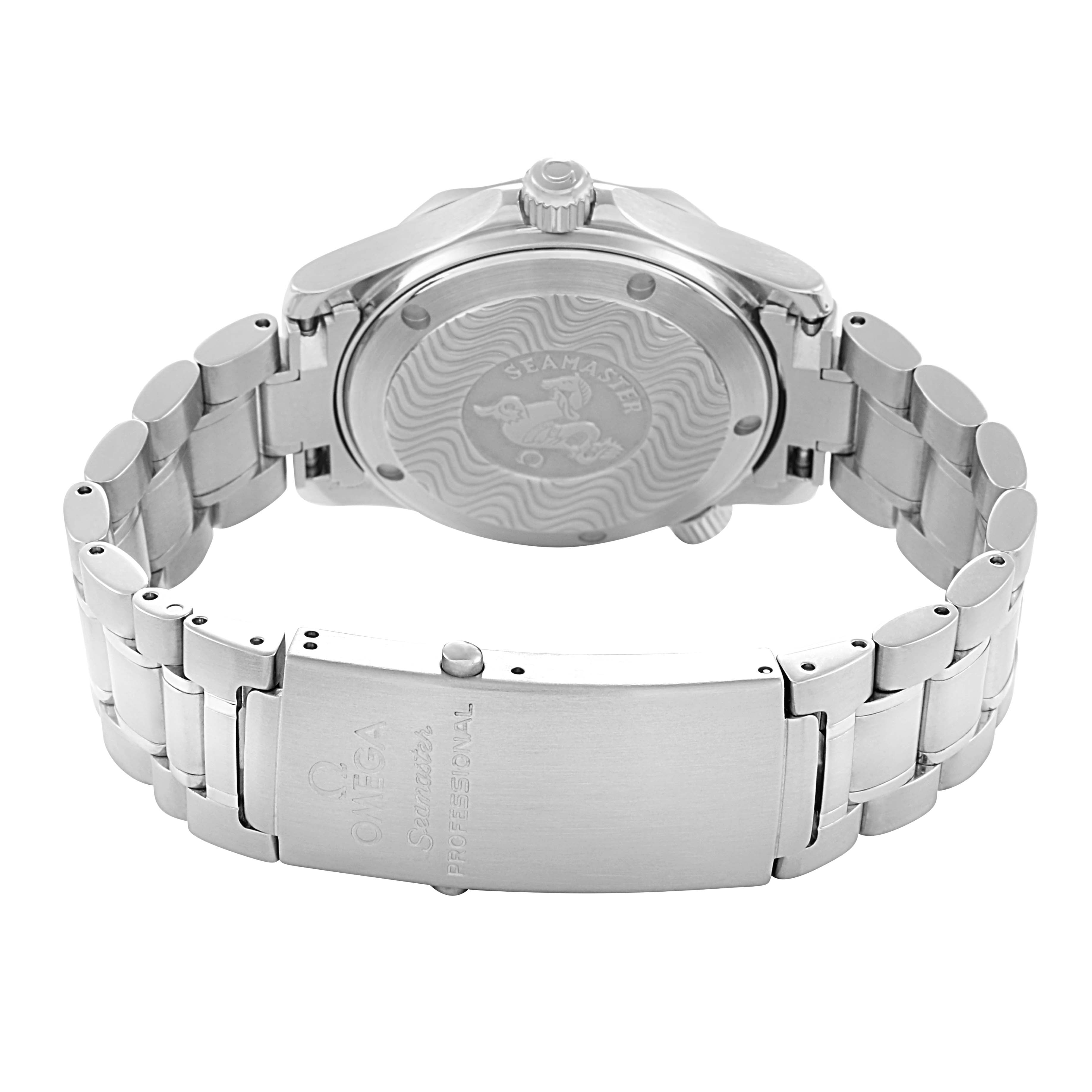 The Omega Seamaster 2262.50.00 Men
s Stainless Steel Black Dial watch is shown from the back, highlighting the case back and metal bracelet clasp.