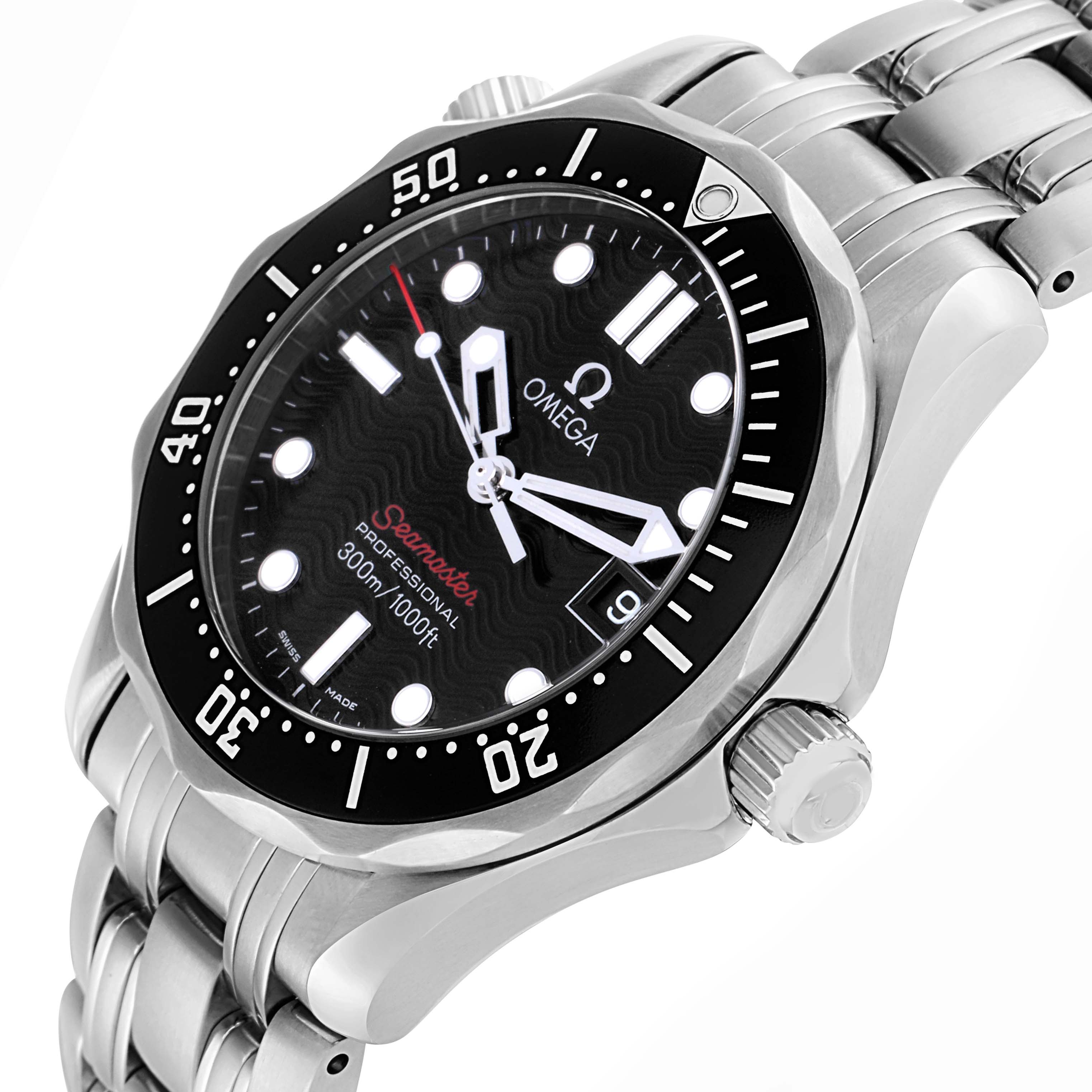 The Omega Seamaster 212.30.36.61.01.001 Men
s Stainless Steel Black Dial watch is shown at an angle highlighting the bezel, crown, dial, and bracelet.