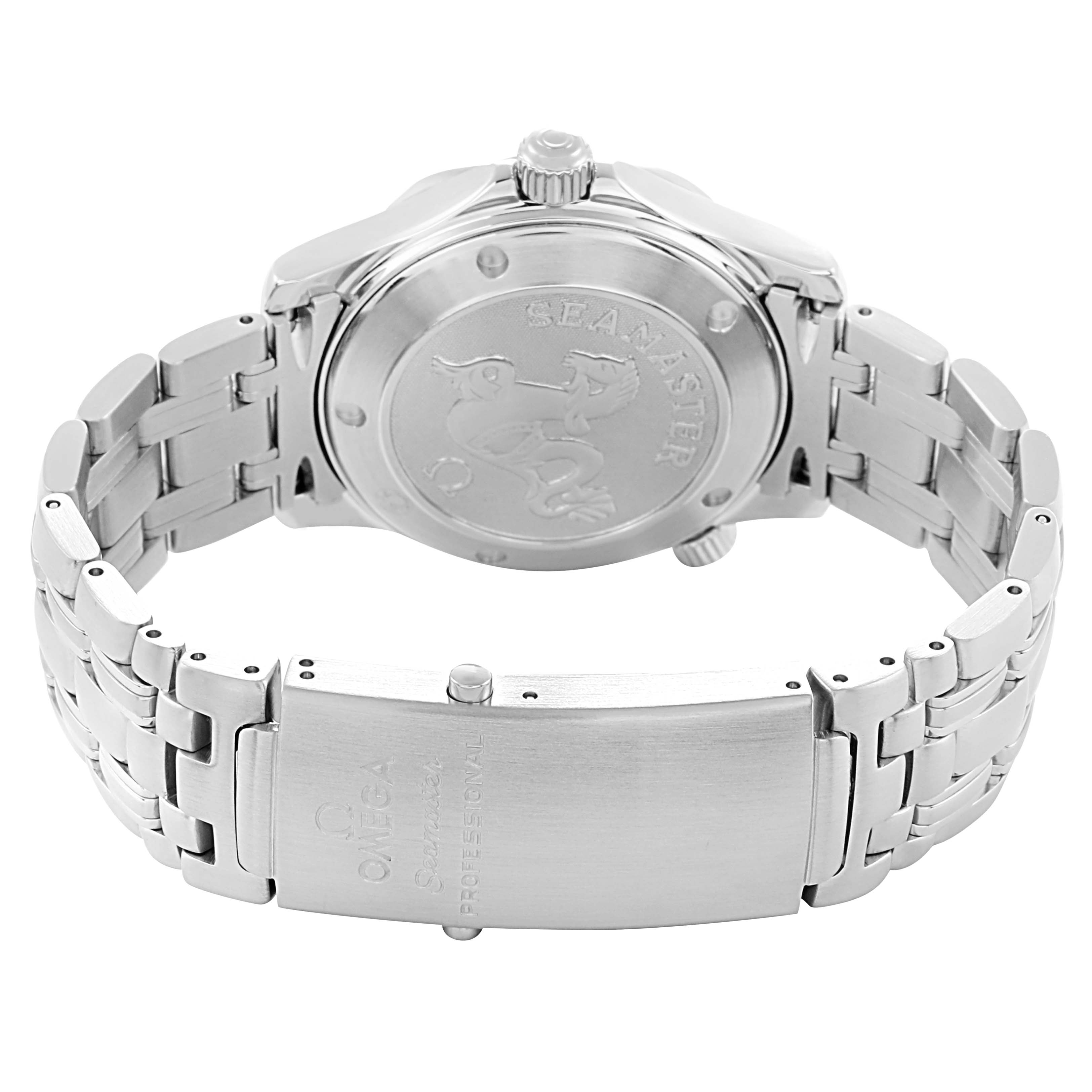 The image shows the back and bracelet of the Omega Seamaster 212.30.36.61.01.001 Men
s Stainless Steel Black Dial, highlighting the clasp and case back engraving.