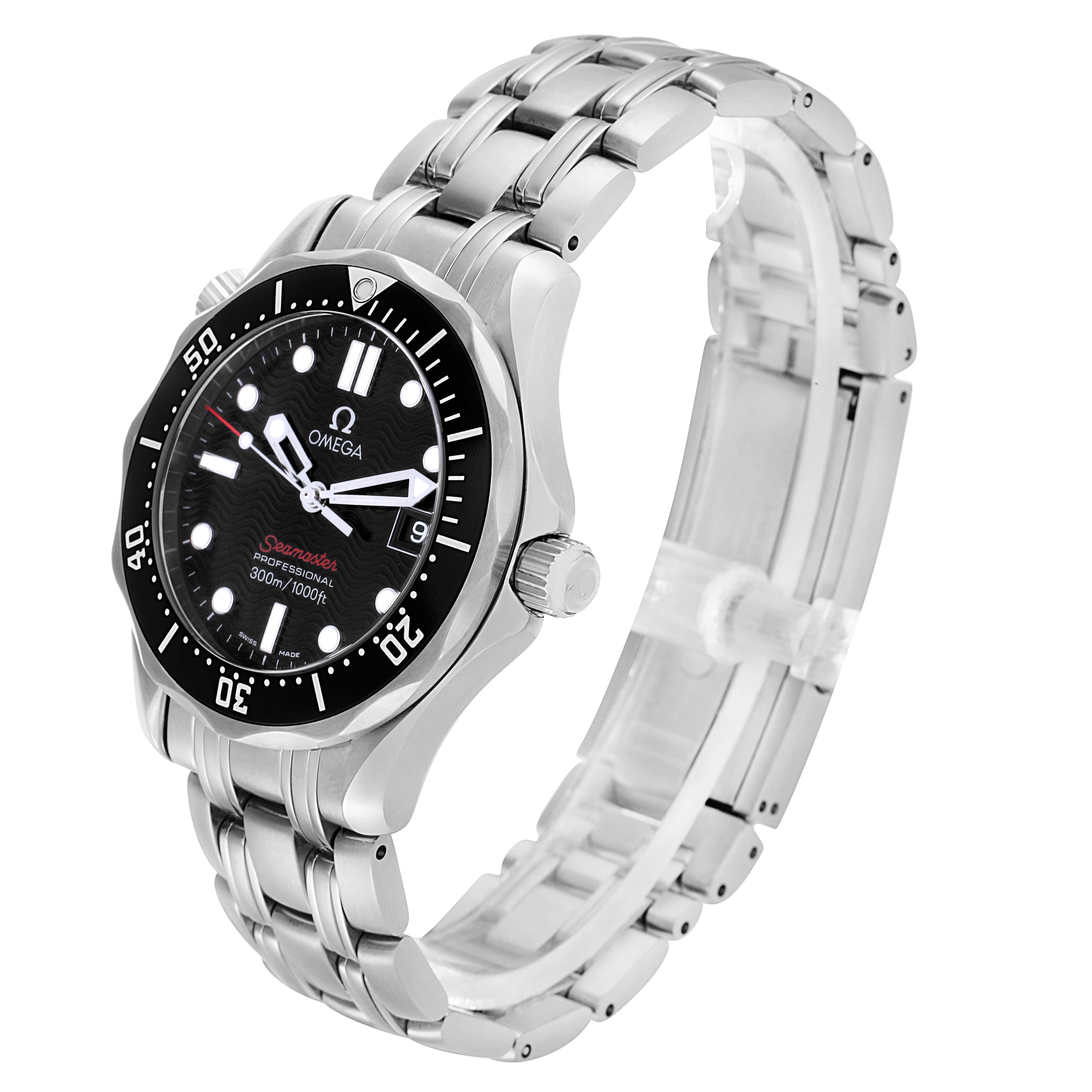 The Omega Seamaster 212.30.36.61.01.001 Men
s Stainless Steel Black Dial watch is shown at a three-quarter angle, highlighting the face, bezel, and bracelet.