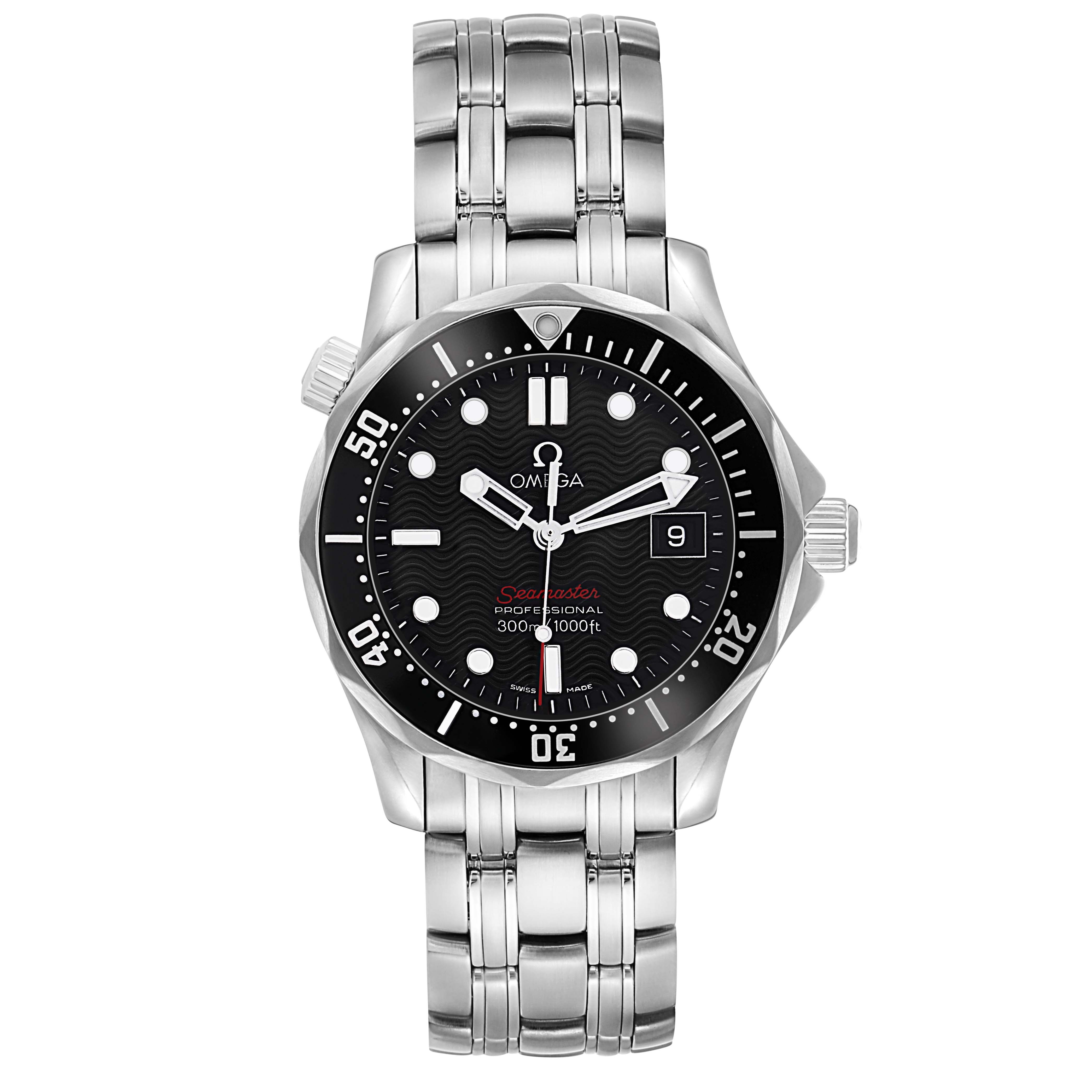 The Omega Seamaster 212.30.36.61.01.001 Men
s Stainless Steel Black Dial watch is shown from a front angle, displaying the dial, bezel, and bracelet.
