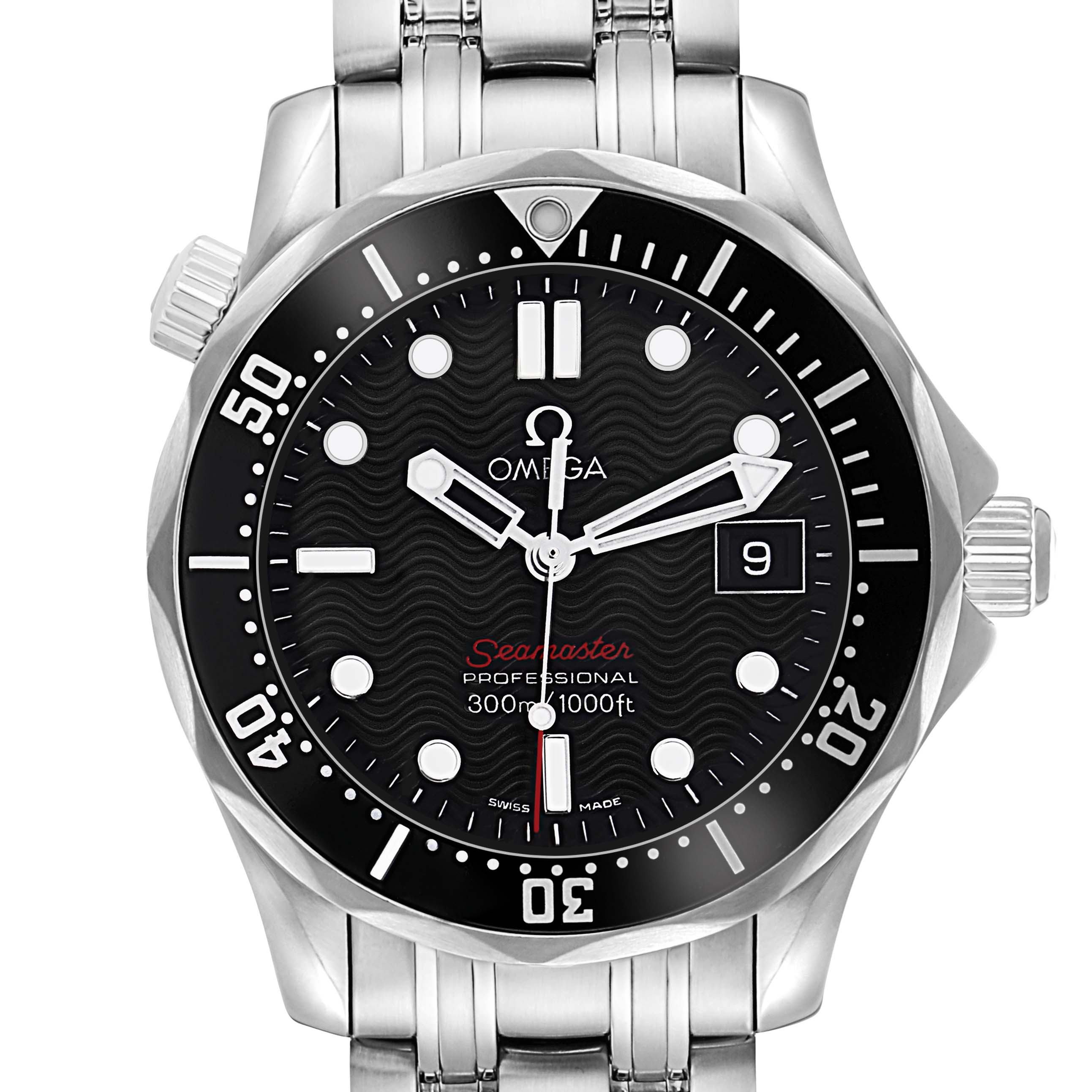 The Omega Seamaster 212.30.36.61.01.001 Men
s Stainless Steel Black Dial watch is shown from the front, highlighting its dial, bezel, crown, and stainless steel bracelet.