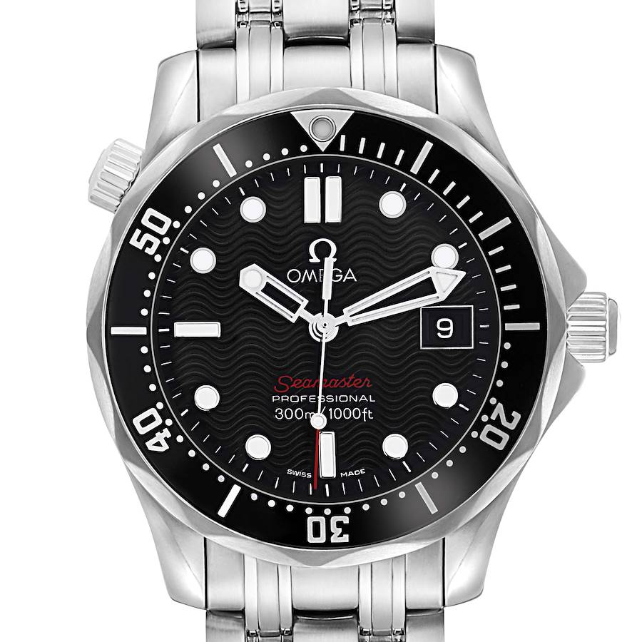 The image shows a frontal view of the Omega Seamaster model 212.30.36.61.01.001, highlighting the dial, bezel, and parts of the bracelet.