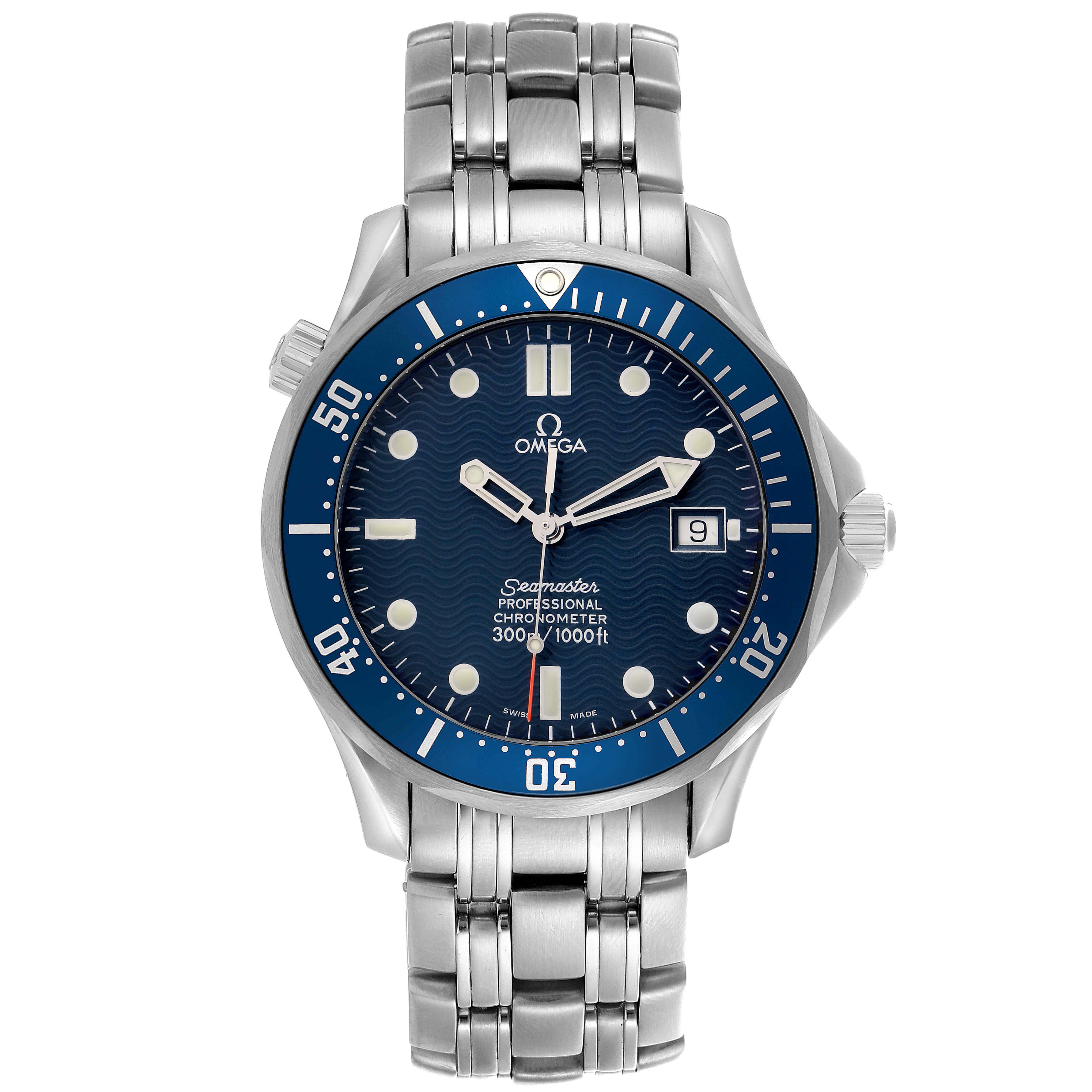 The Omega Seamaster 2531.80.00 Men
s Stainless Steel Blue Dial watch is shown from a top-down angle, highlighting its blue dial, bezel, and stainless steel bracelet.
