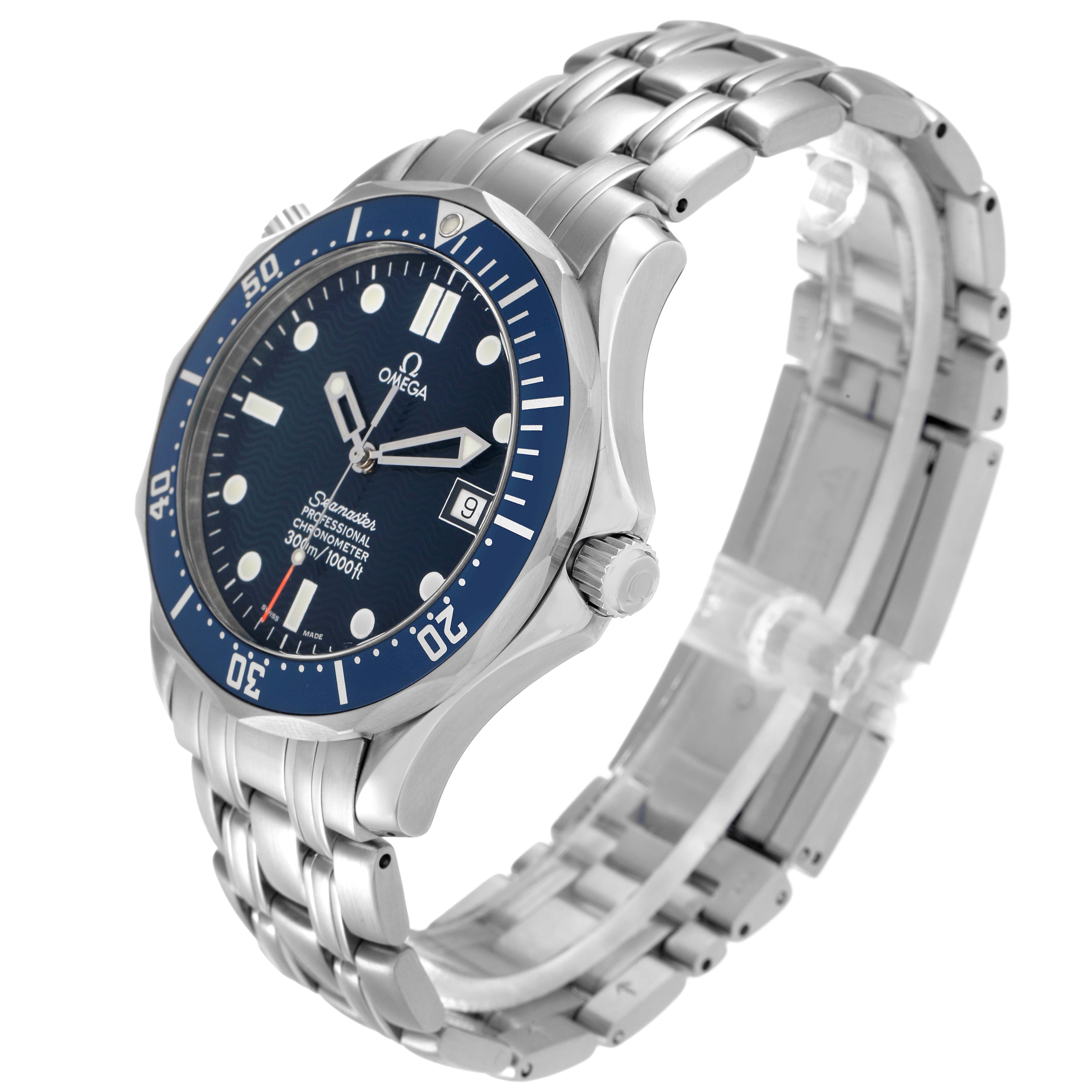 The Omega Seamaster 2531.80.00 Men
s Stainless Steel Blue Dial watch is shown at a three-quarter angle, displaying the face, bezel, and metal bracelet.