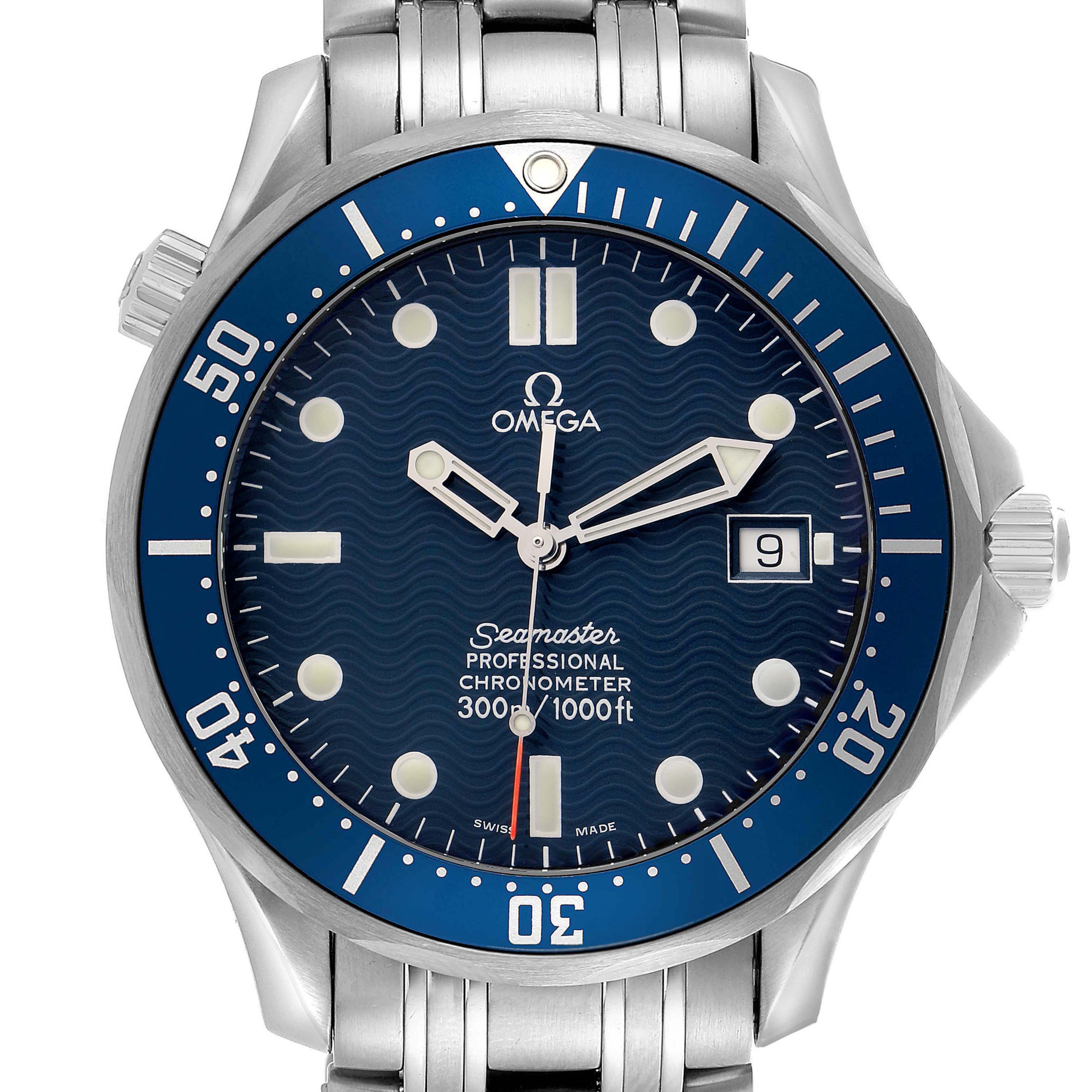The Omega Seamaster 2531.80.00 Men
s Stainless Steel Blue Dial watch is shown from the front, displaying the dial, bezel, crown, and bracelet top links.
