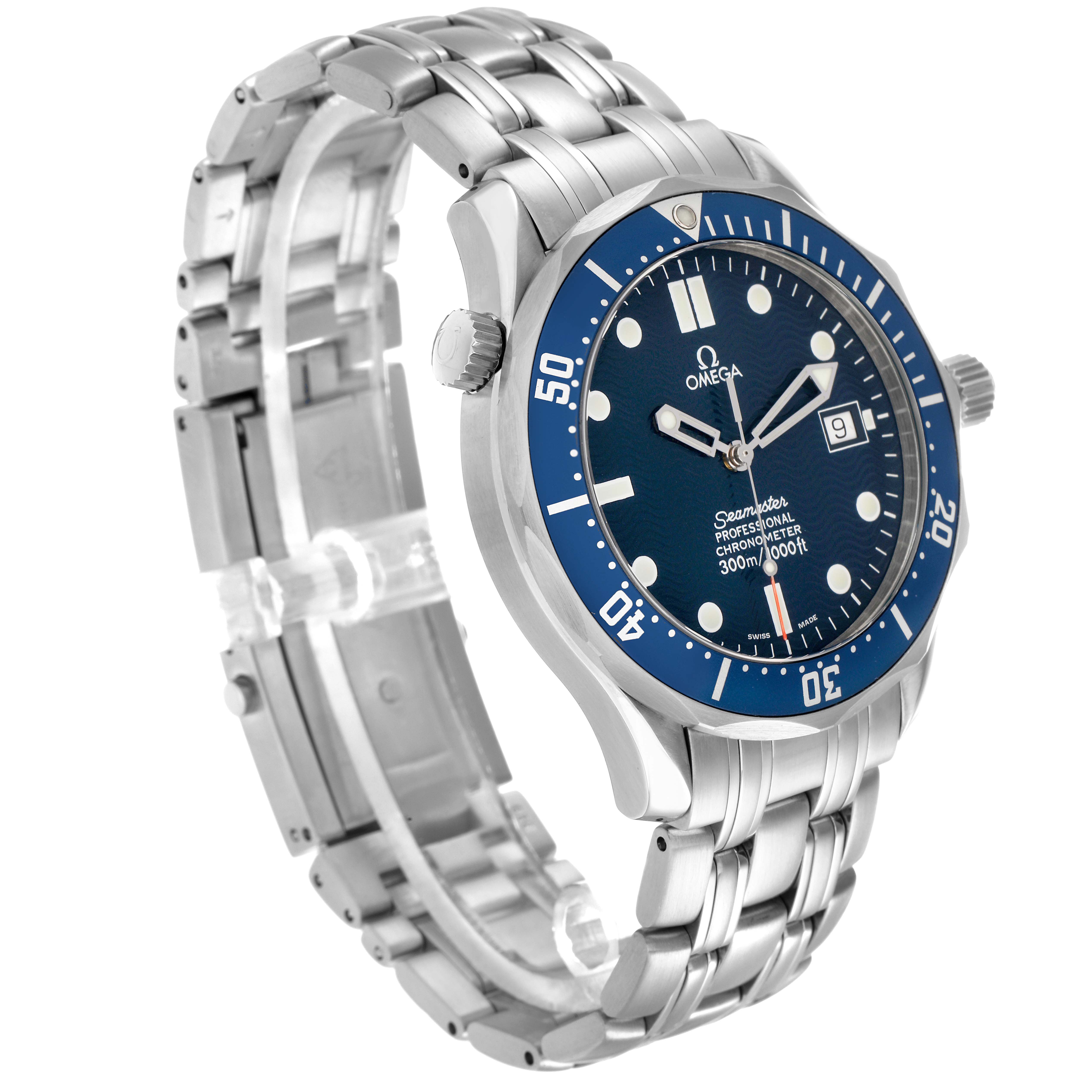 The Omega Seamaster 2531.80.00 Men
s Stainless Steel Blue Dial watch is shown at a three-quarter angle, displaying the blue dial, bezel, and metal bracelet.