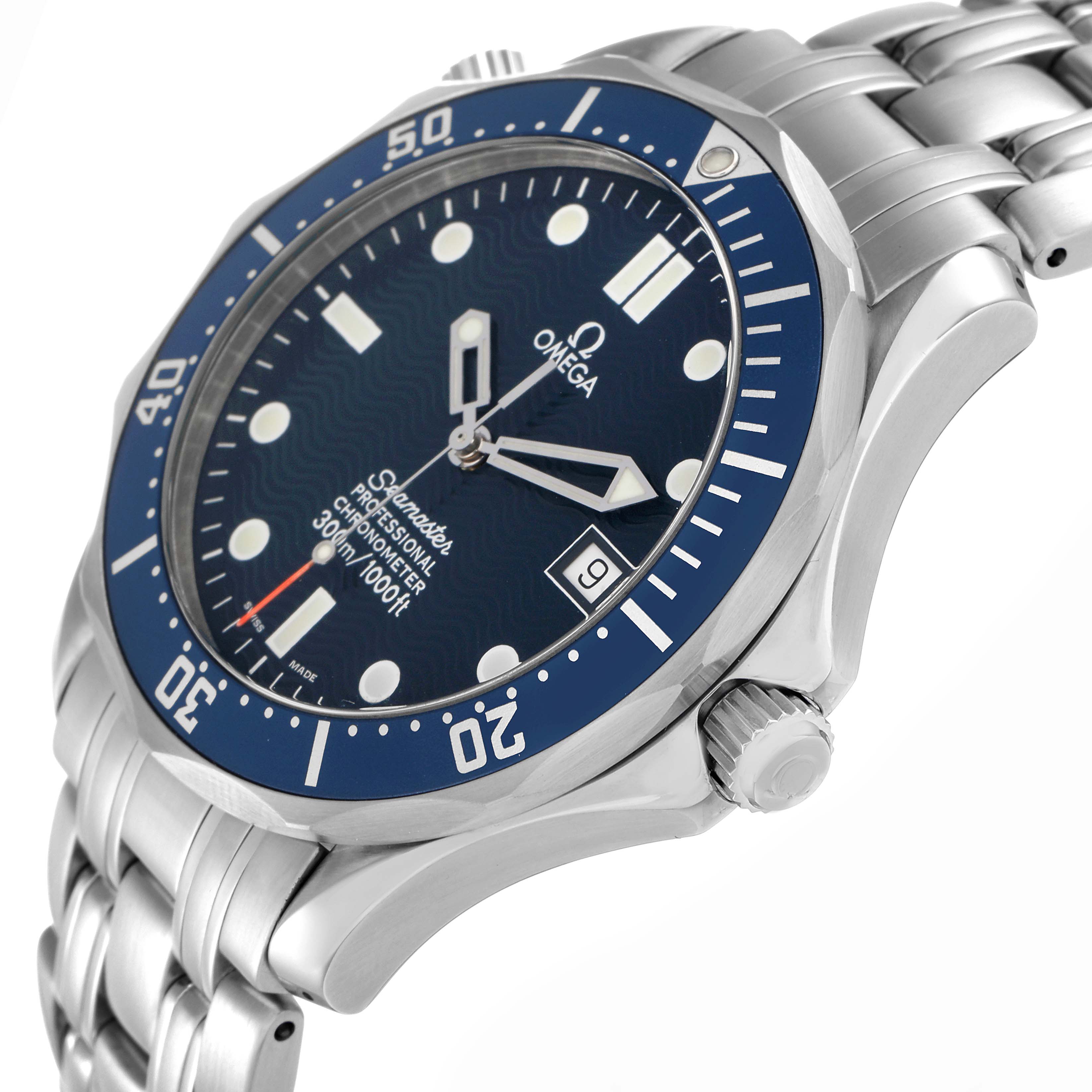 The Omega Seamaster 2531.80.00 Men
s Stainless Steel Blue Dial watch is shown at an angled side view, highlighting the bezel, dial, date window, and stainless steel bracelet.
