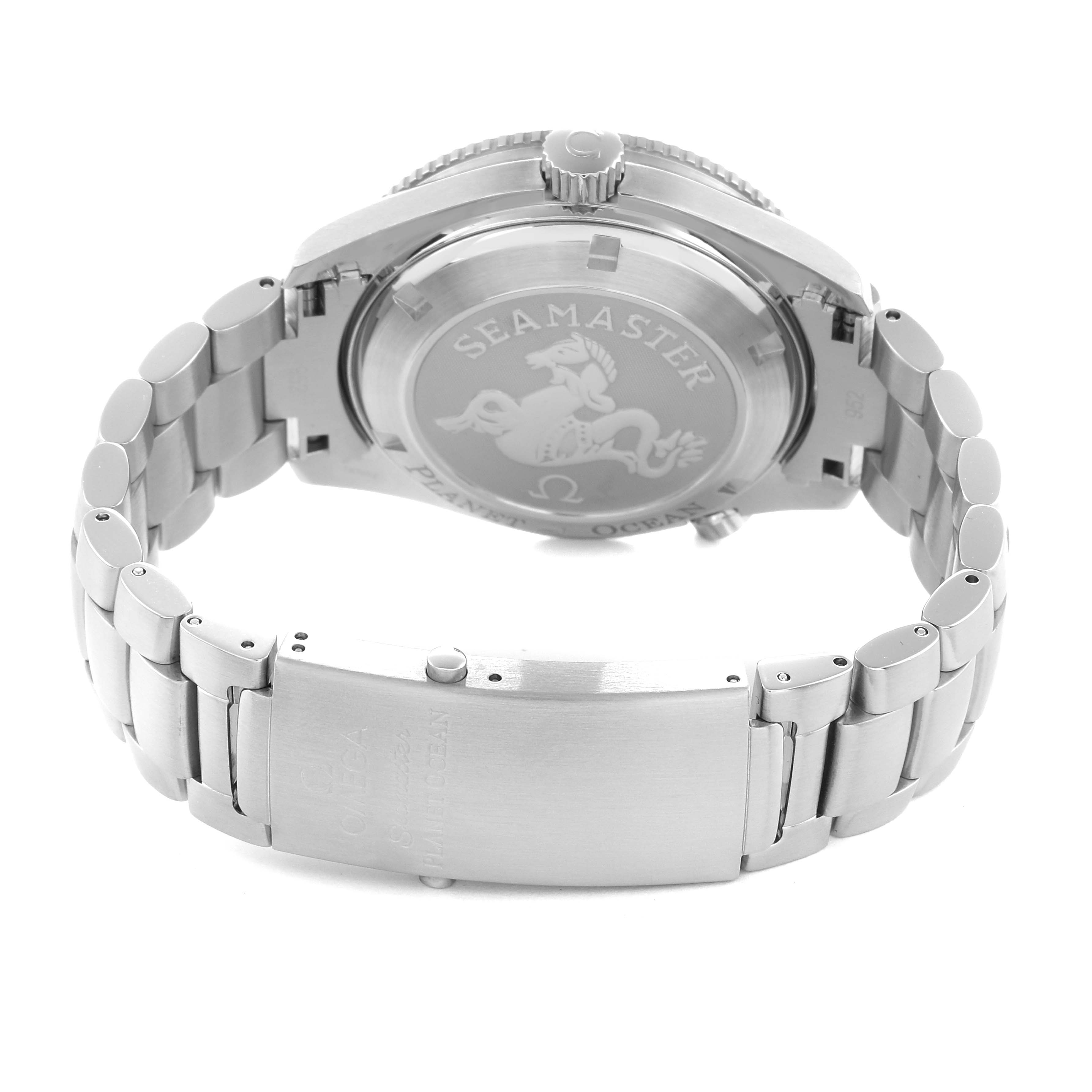 The image shows the back and bracelet of an Omega Seamaster 2209.50.00 Men
s Stainless Steel Black Dial watch, highlighting the engraved case back and clasp.