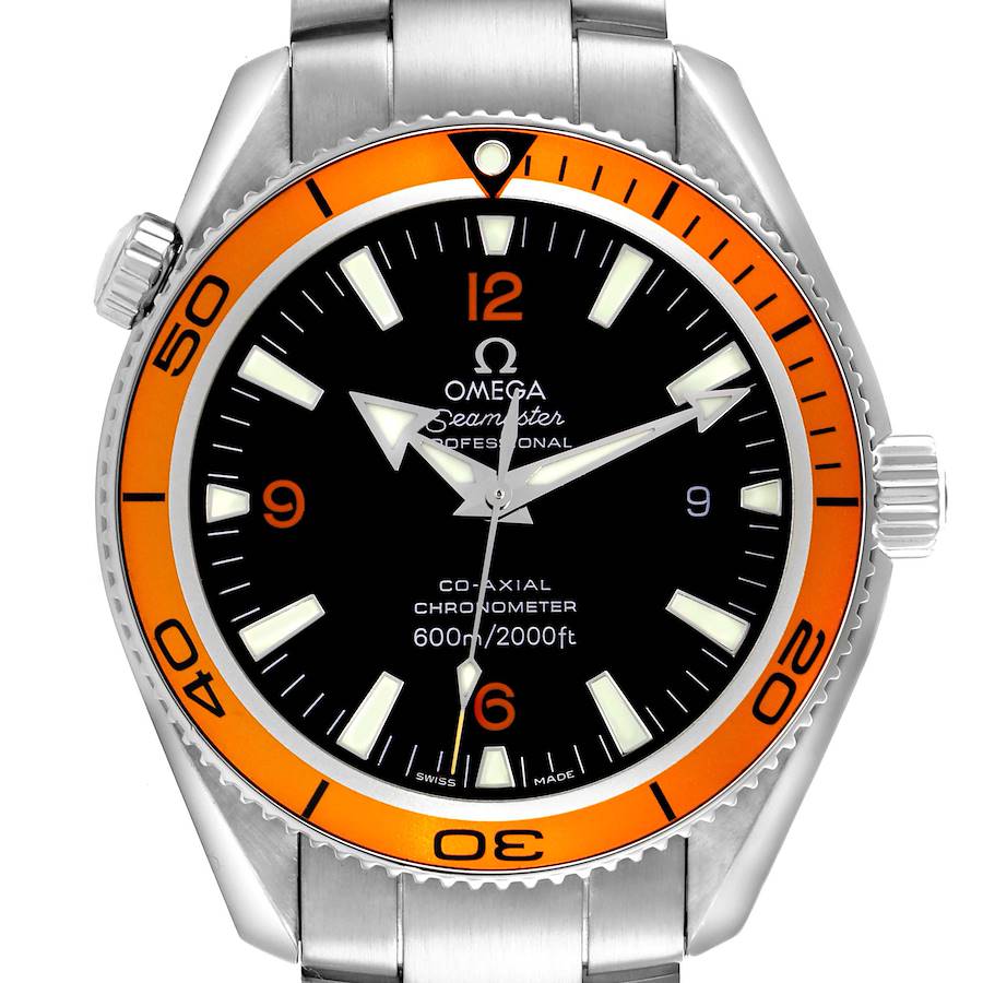 The Omega Seamaster model 2209.50.00 is shown from a front angle, highlighting its orange bezel, black dial, and silver bracelet.