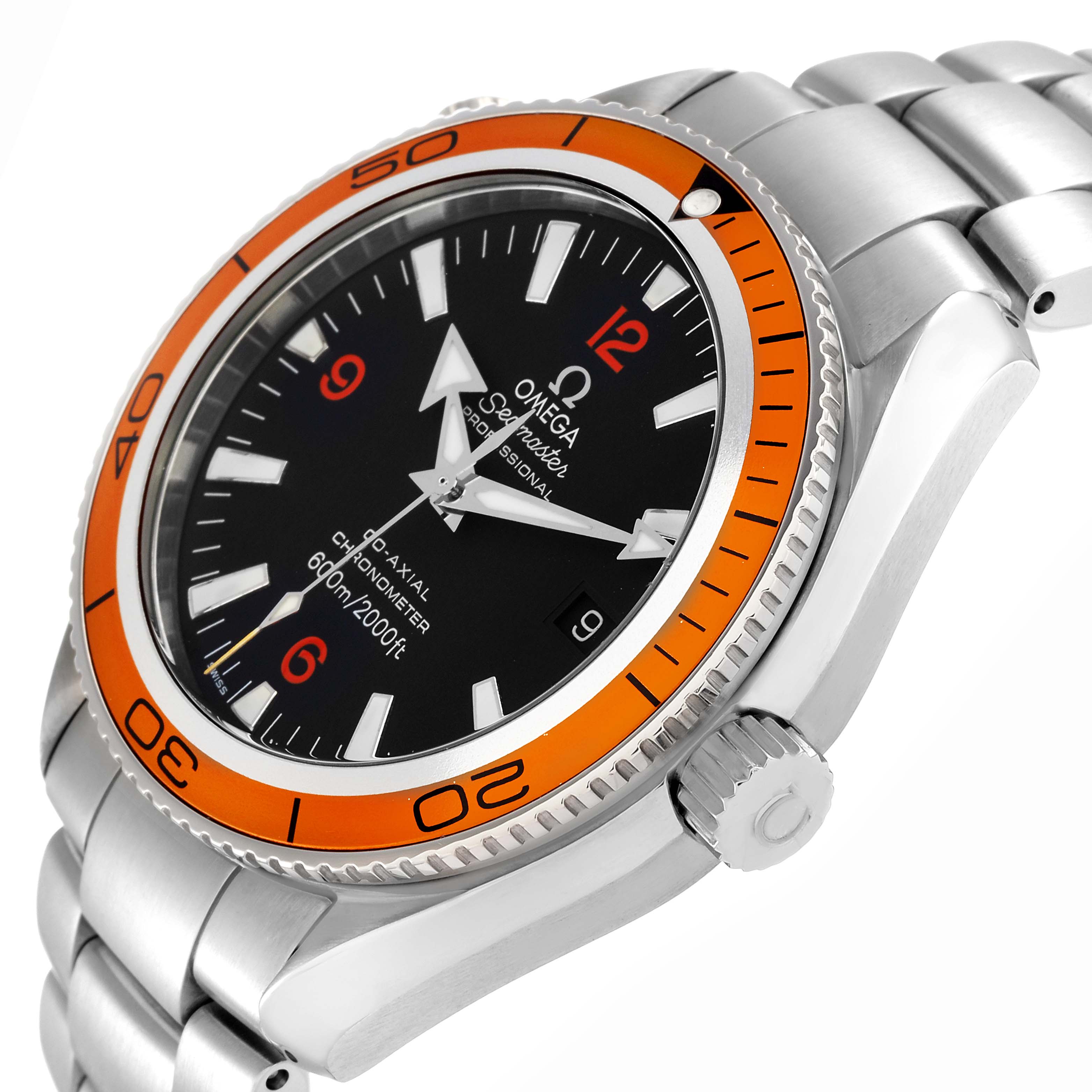 The Omega Seamaster 2209.50.00 Men
s Stainless Steel Black Dial watch is shown at an angle highlighting the dial, orange bezel, crown, and part of the stainless steel bracelet.