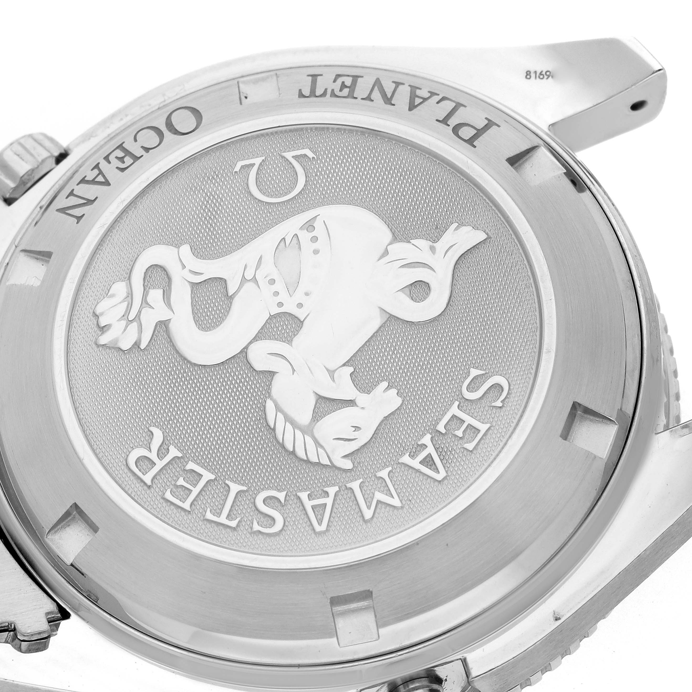 The image shows the back casing of an Omega Seamaster 2209.50.00 Men
s Stainless Steel Black Dial watch, highlighting the engraved logo and text.