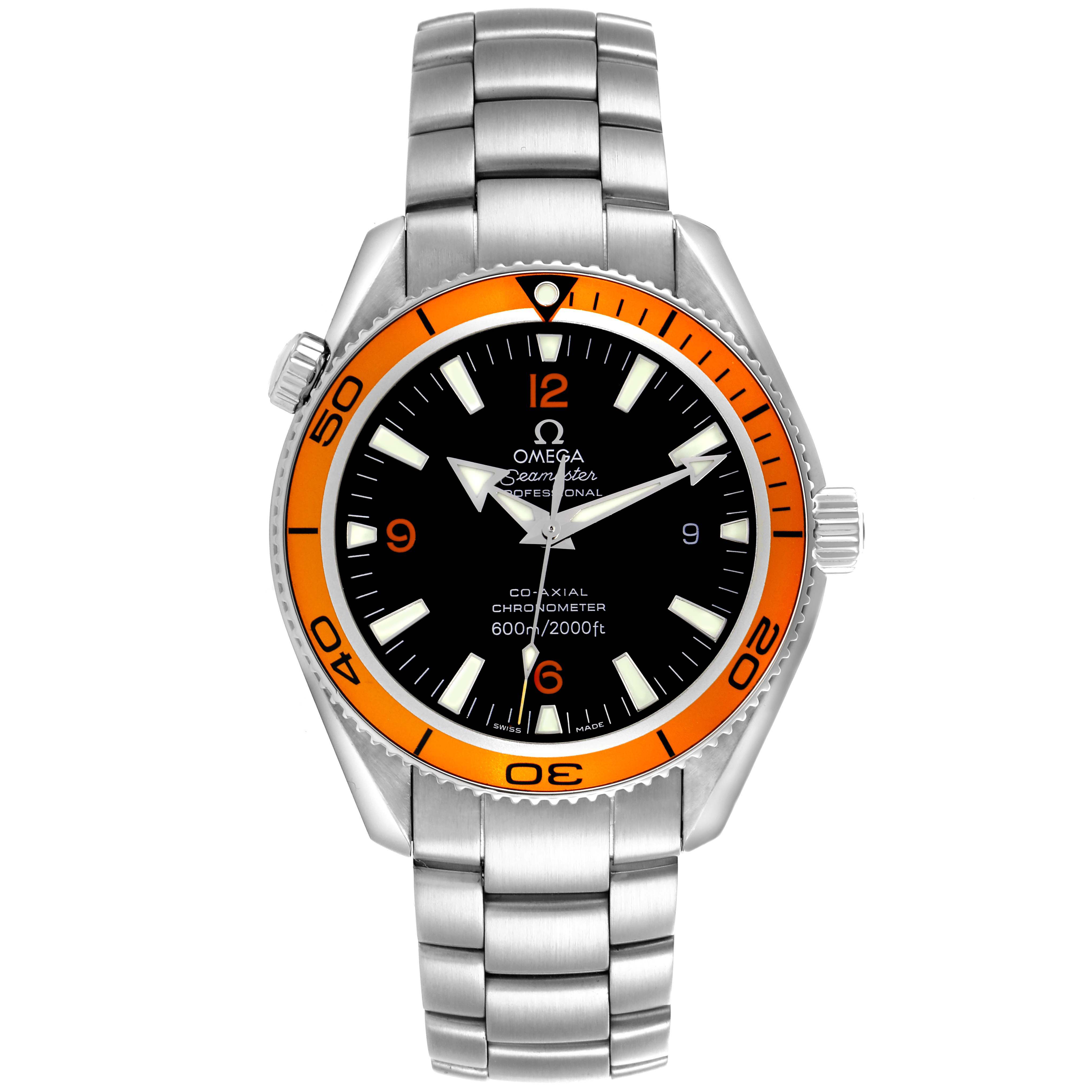 The Omega Seamaster 2209.50.00 Men
s Stainless Steel Black Dial watch is shown from a front angle, displaying its dial, bezel, case, and bracelet.