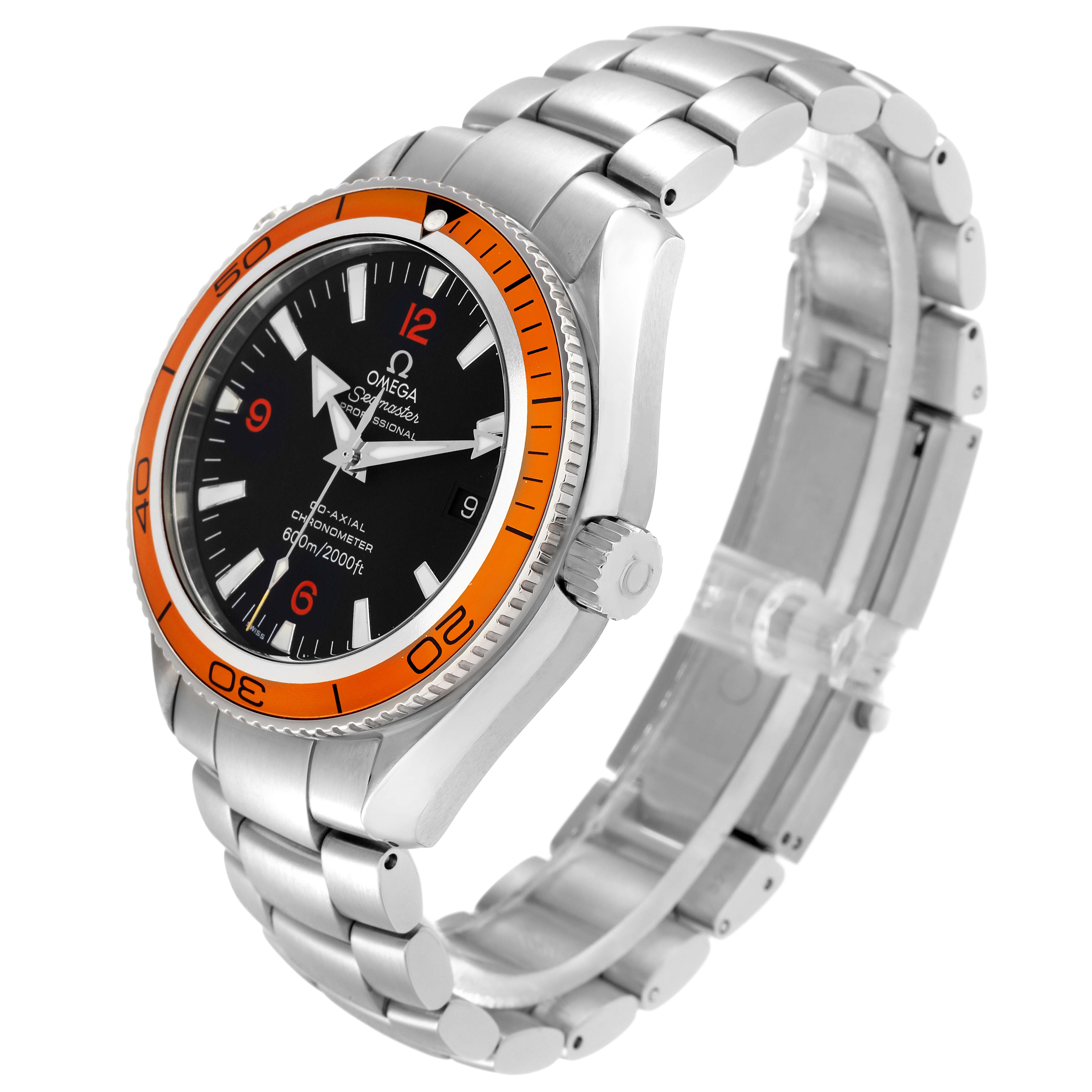 The Omega Seamaster 2209.50.00 Men
s Stainless Steel Black Dial watch is shown at a three-quarter angle, highlighting the face, bezel, crown, and stainless steel bracelet.