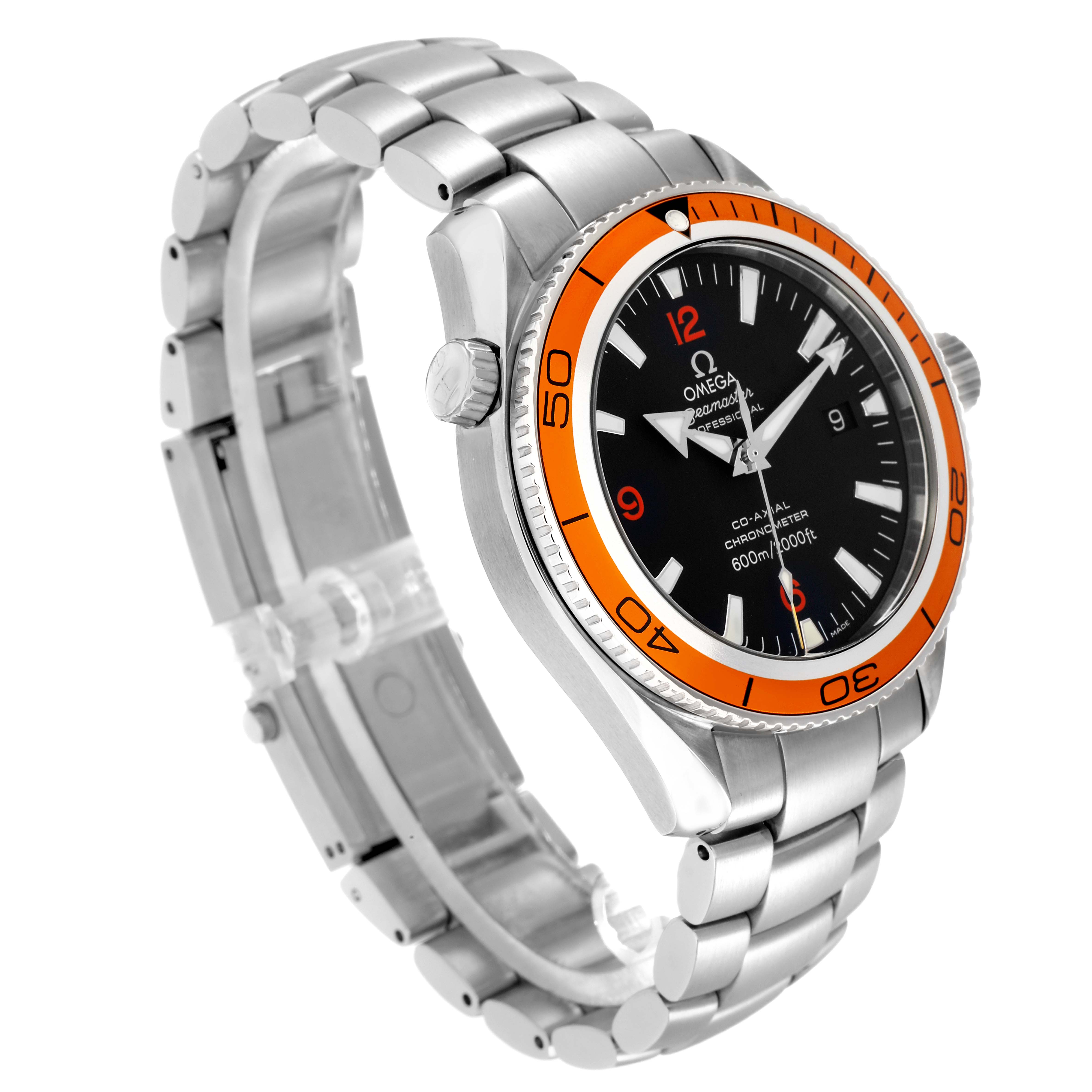 The Omega Seamaster 2209.50.00 Men
s Stainless Steel Black Dial watch is shown at an angle highlighting the face, bezel, and metal bracelet.