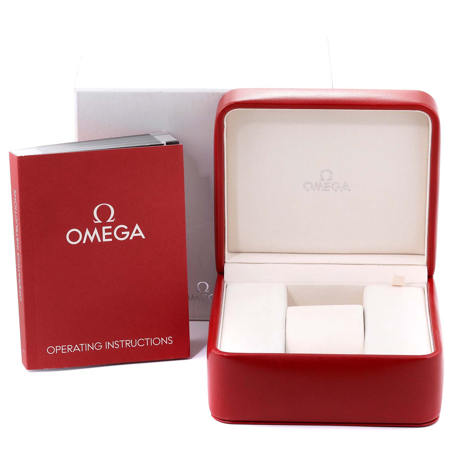 The image shows the watch case and operating instructions for the Omega Planet Ocean 232.30.42.21.01.004 Men's Stainless Steel Black Dial 232.30.42.21.01.004 Men's Stainless Steel Black Dial model.