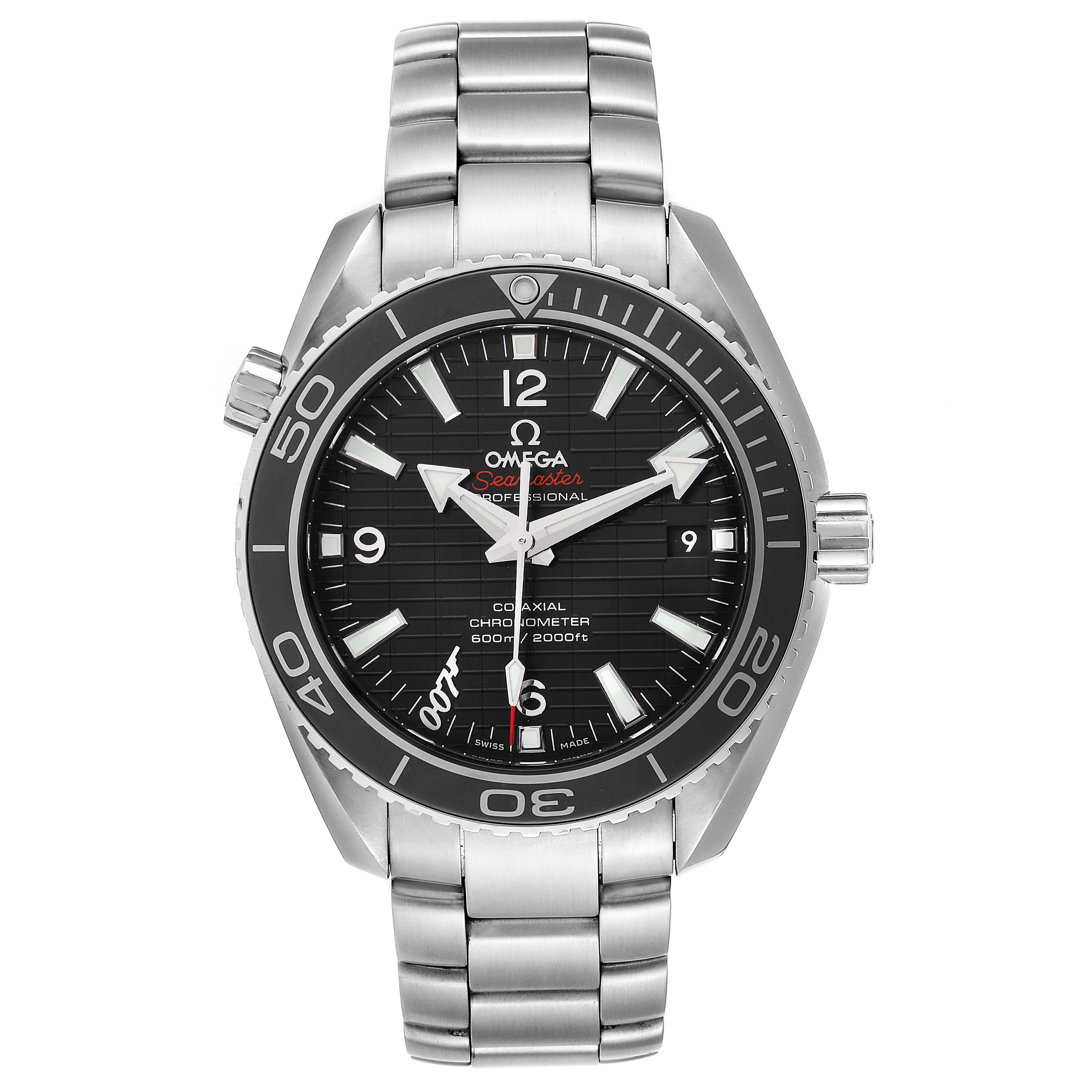 The image shows a front view of the Omega Planet Ocean 232.30.42.21.01.004 Men's Stainless Steel Black Dial 232.30.42.21.01.004 Men's Stainless Steel Black Dial watch, displaying its face, bezel, and metal bracelet.