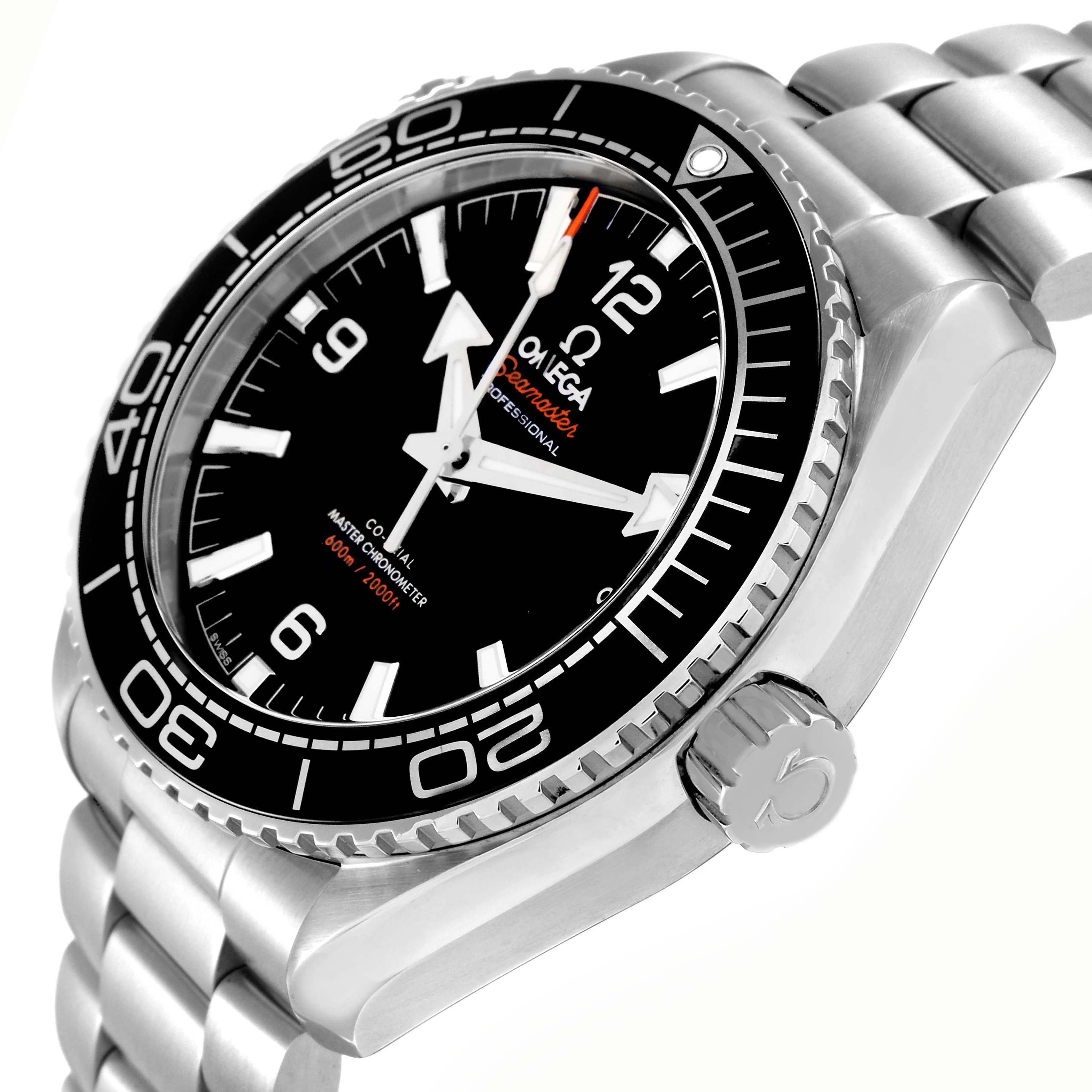 The Omega Seamaster 215.30.44.21.01.001 Men
s Stainless Steel Black Dial watch is shown at a slight side angle, highlighting the bezel, dial, side crown, and bracelet.