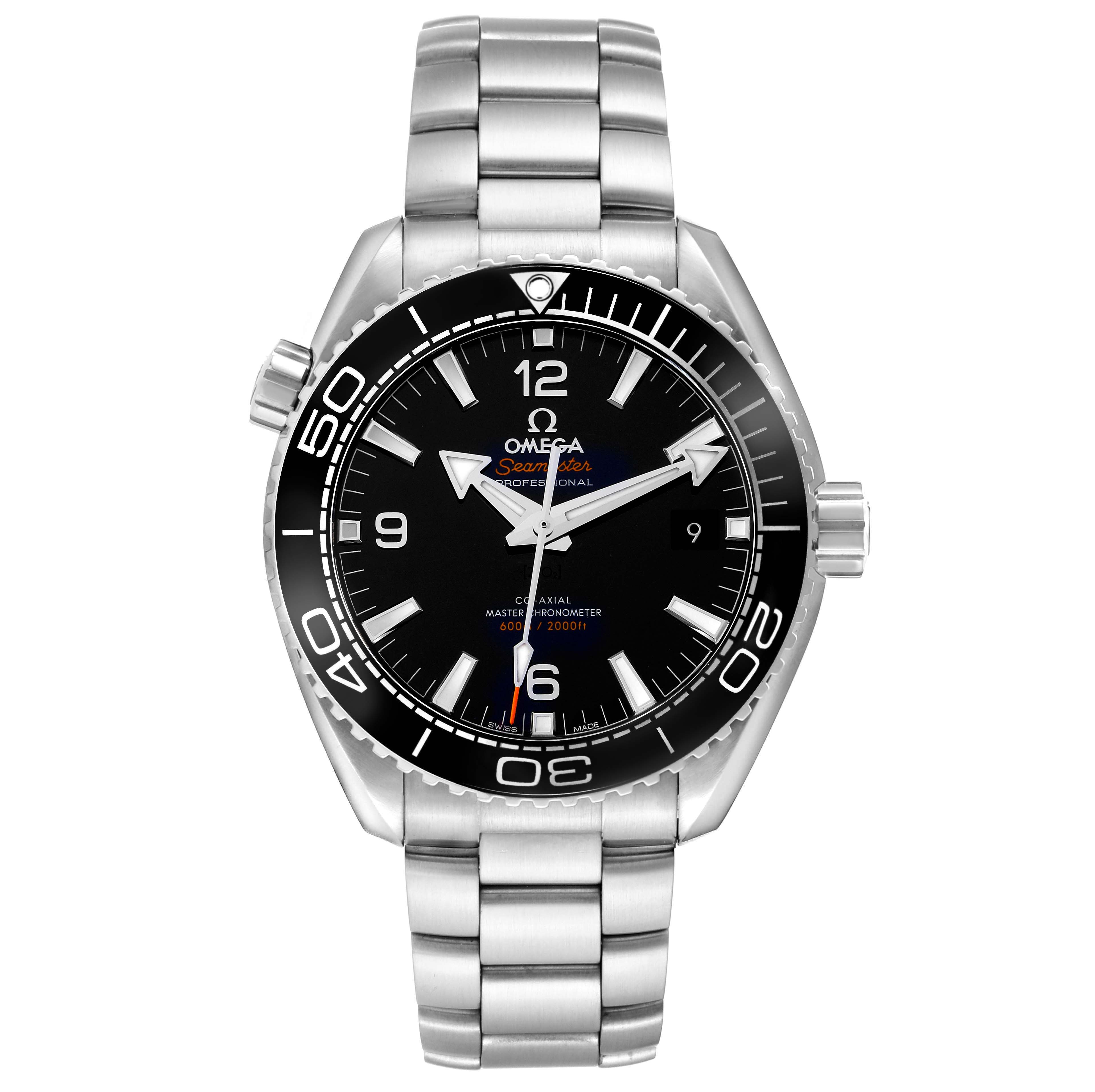 The Omega Seamaster 215.30.44.21.01.001 Men
s Stainless Steel Black Dial watch is shown from the front, highlighting the dial, bezel, bracelet, and crown.