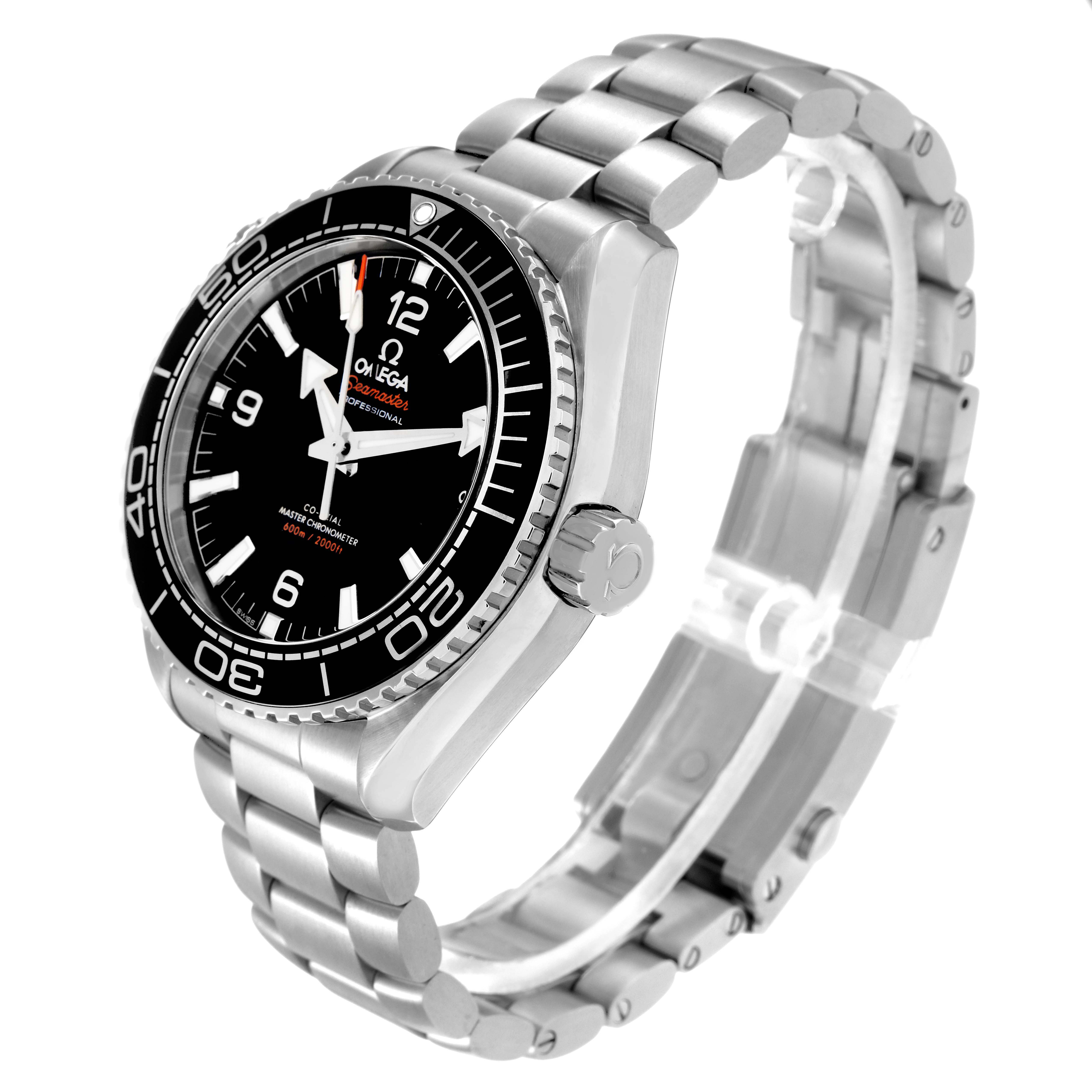 The Omega Seamaster 215.30.44.21.01.001 Men
s Stainless Steel Black Dial watch is shown at a three-quarter angle, highlighting the bracelet, bezel, and crown.