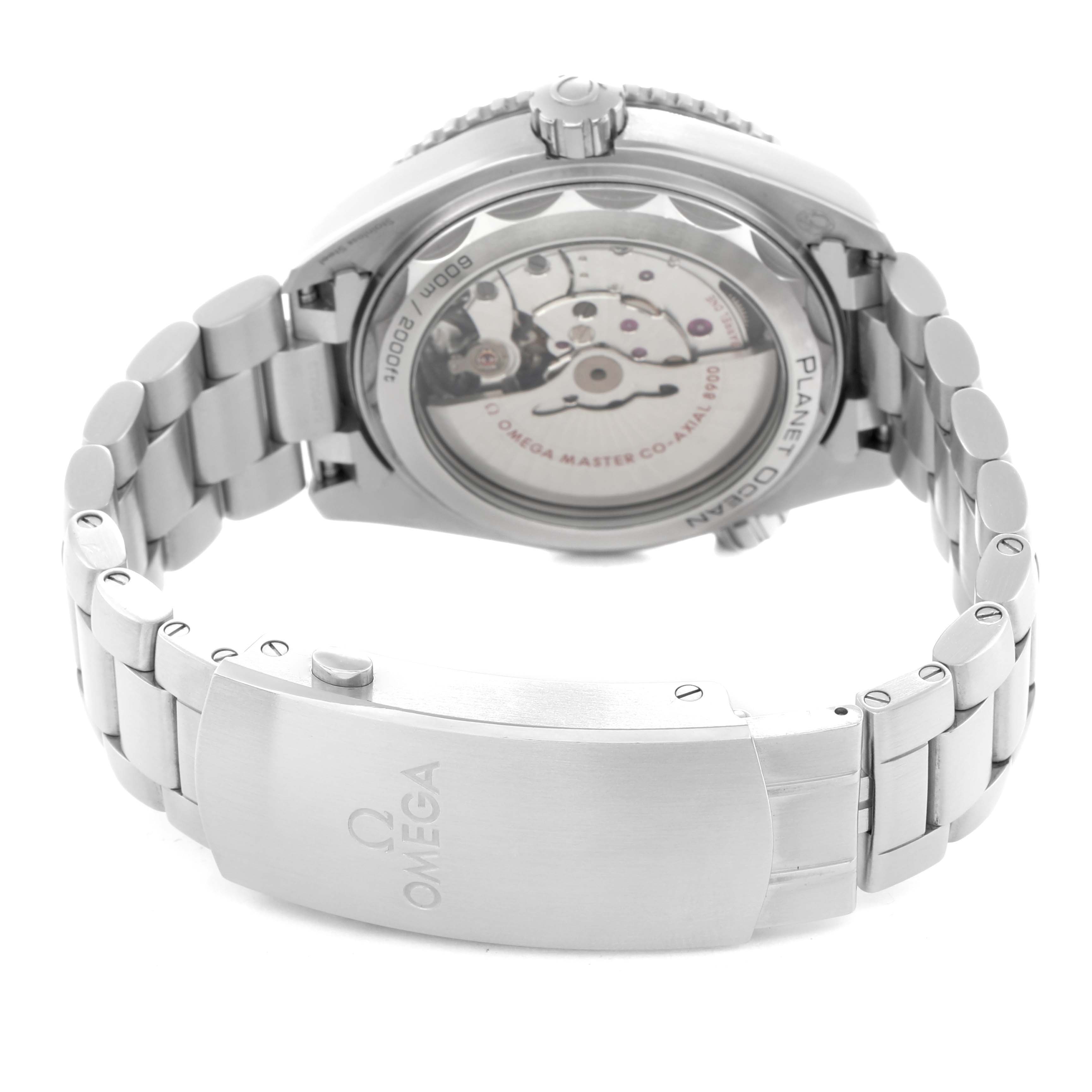 The Omega Seamaster 215.30.44.21.01.001 Men
s Stainless Steel Black Dial watch is shown from the back, displaying the open case back and stainless steel bracelet.