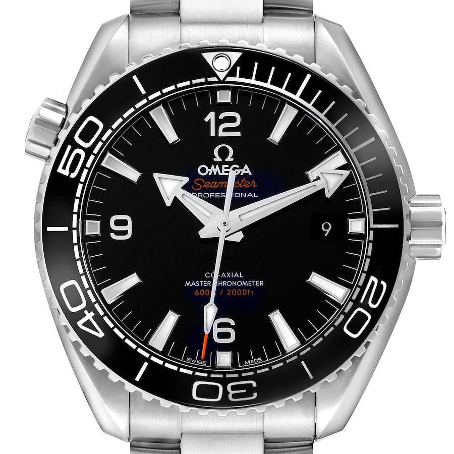The image shows a front view of the Omega Seamaster model 215.30.44.21.01.001, highlighting the dial, bezel, hands, crown, and part of the stainless steel bracelet.
