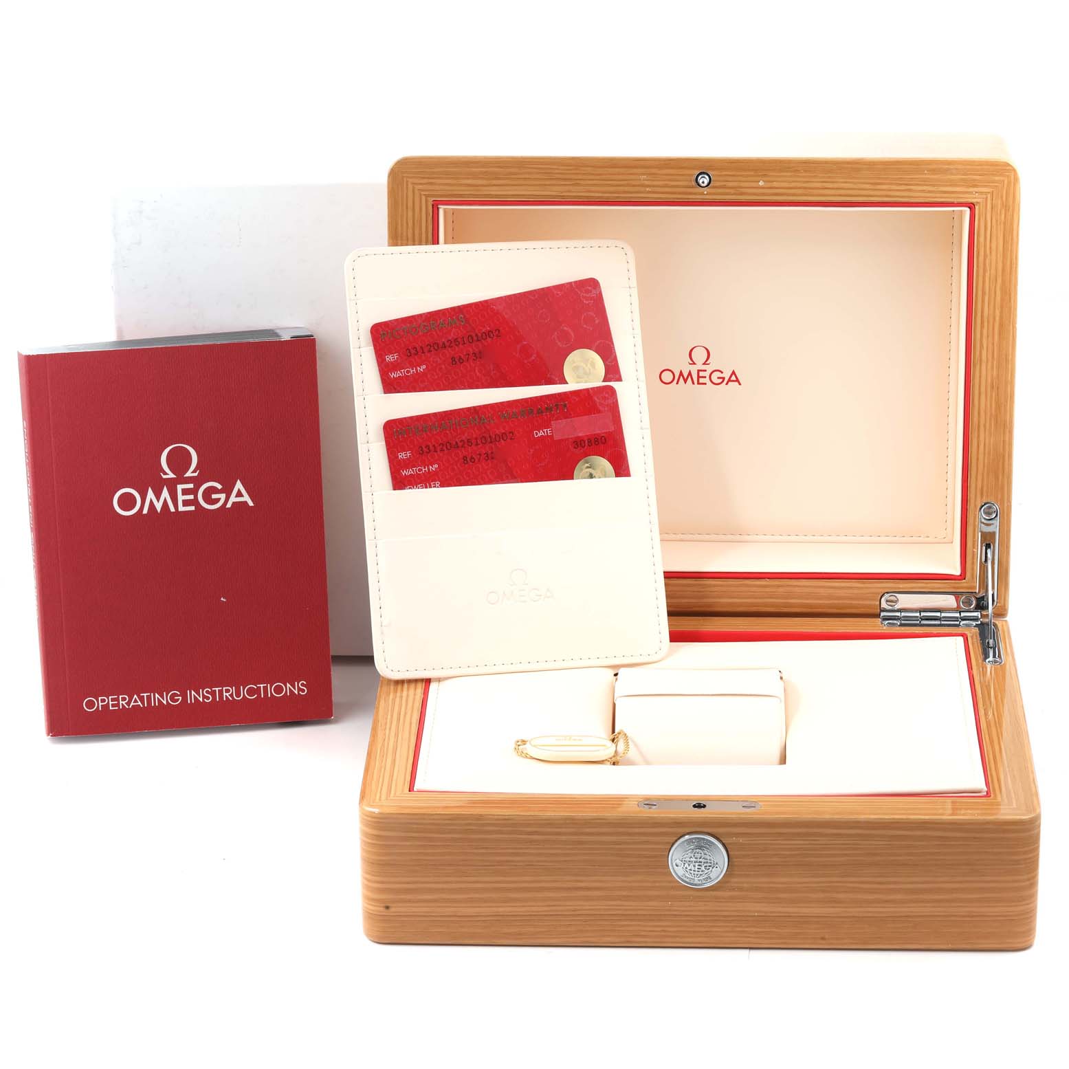 The image shows an Omega Speedmaster 331.20.42.51.01.002 Men's Steel and Gold (two tone) Black Dial 331.20.42.51.01.002 Men's Steel and Gold (two tone) Black Dial watch box, operating instructions, and warranty cards from a front angle.