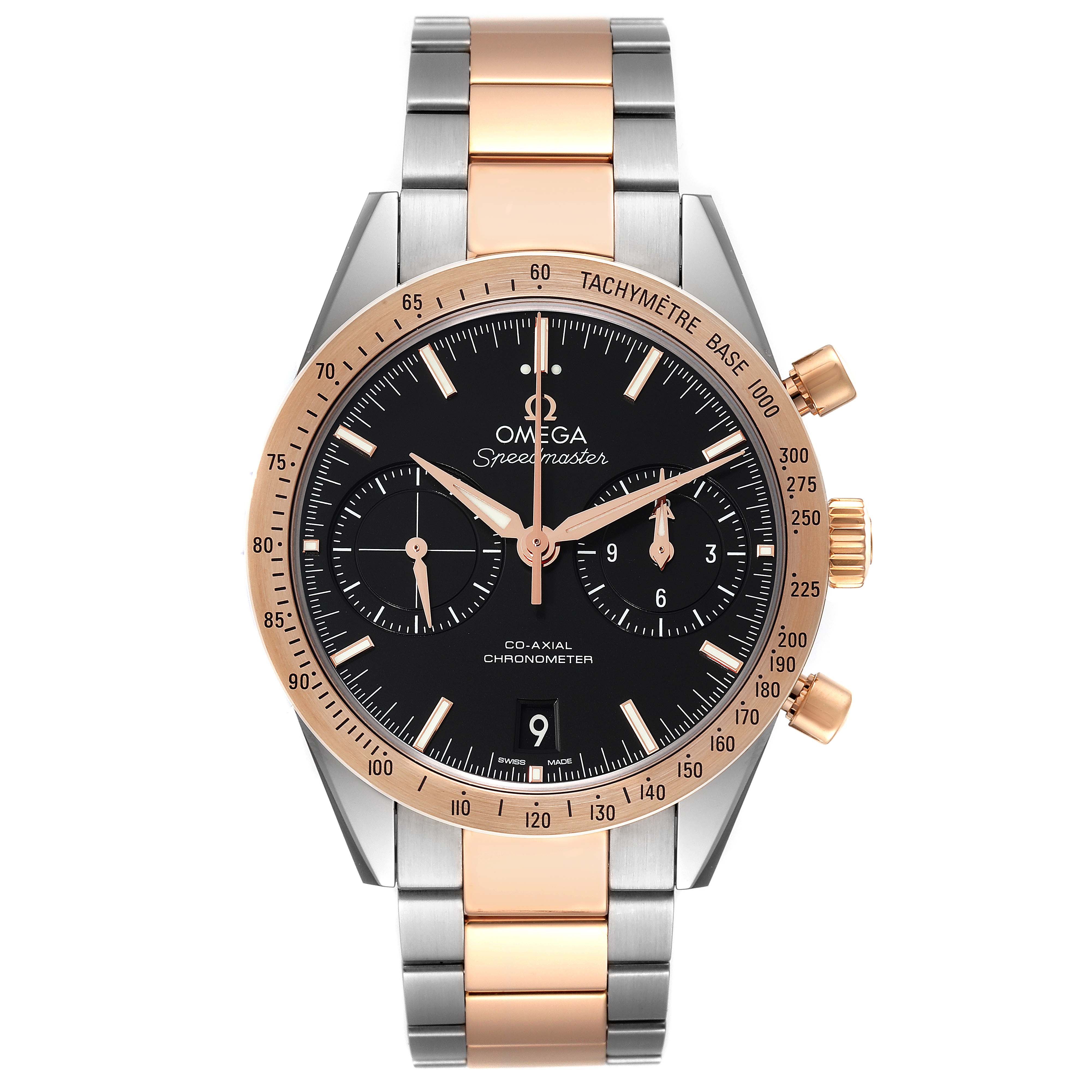 This image shows the front view of the Omega Speedmaster 331.20.42.51.01.002 Men's Steel and Gold (two tone) Black Dial 331.20.42.51.01.002 Men's Steel and Gold (two tone) Black Dial watch, featuring its dial, bezel, hands, and bracelet.