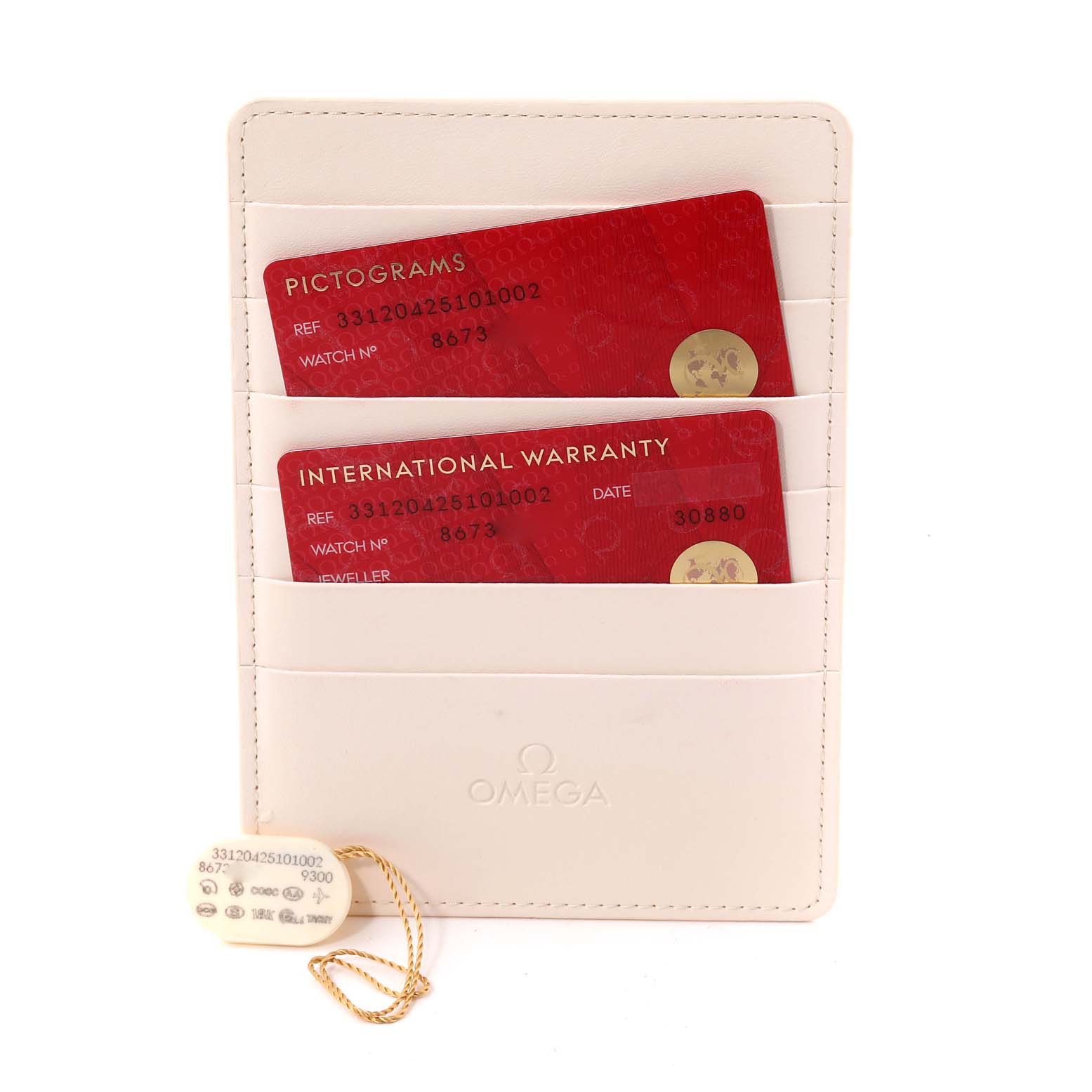 The image shows the warranty cards and accessories for an Omega Speedmaster 331.20.42.51.01.002 Men's Steel and Gold (two tone) Black Dial 331.20.42.51.01.002 Men's Steel and Gold (two tone) Black Dial watch, including a cardholder and an attached tag.