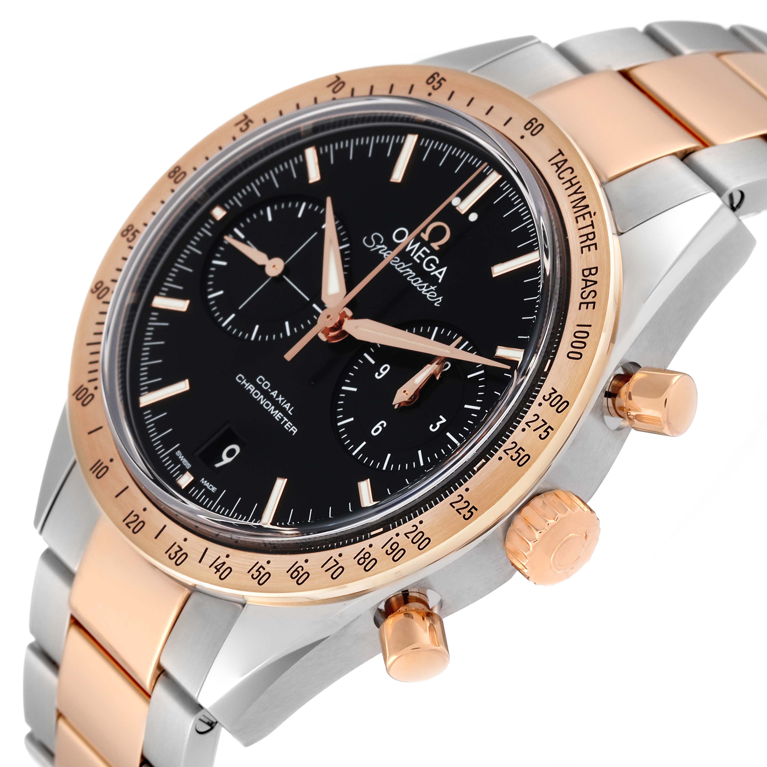 The image shows an angled view of the Omega Speedmaster 331.20.42.51.01.002 Men's Steel and Gold (two tone) Black Dial 331.20.42.51.01.002 Men's Steel and Gold (two tone) Black Dial watch, highlighting its dial, bezel, crown, and pushers.