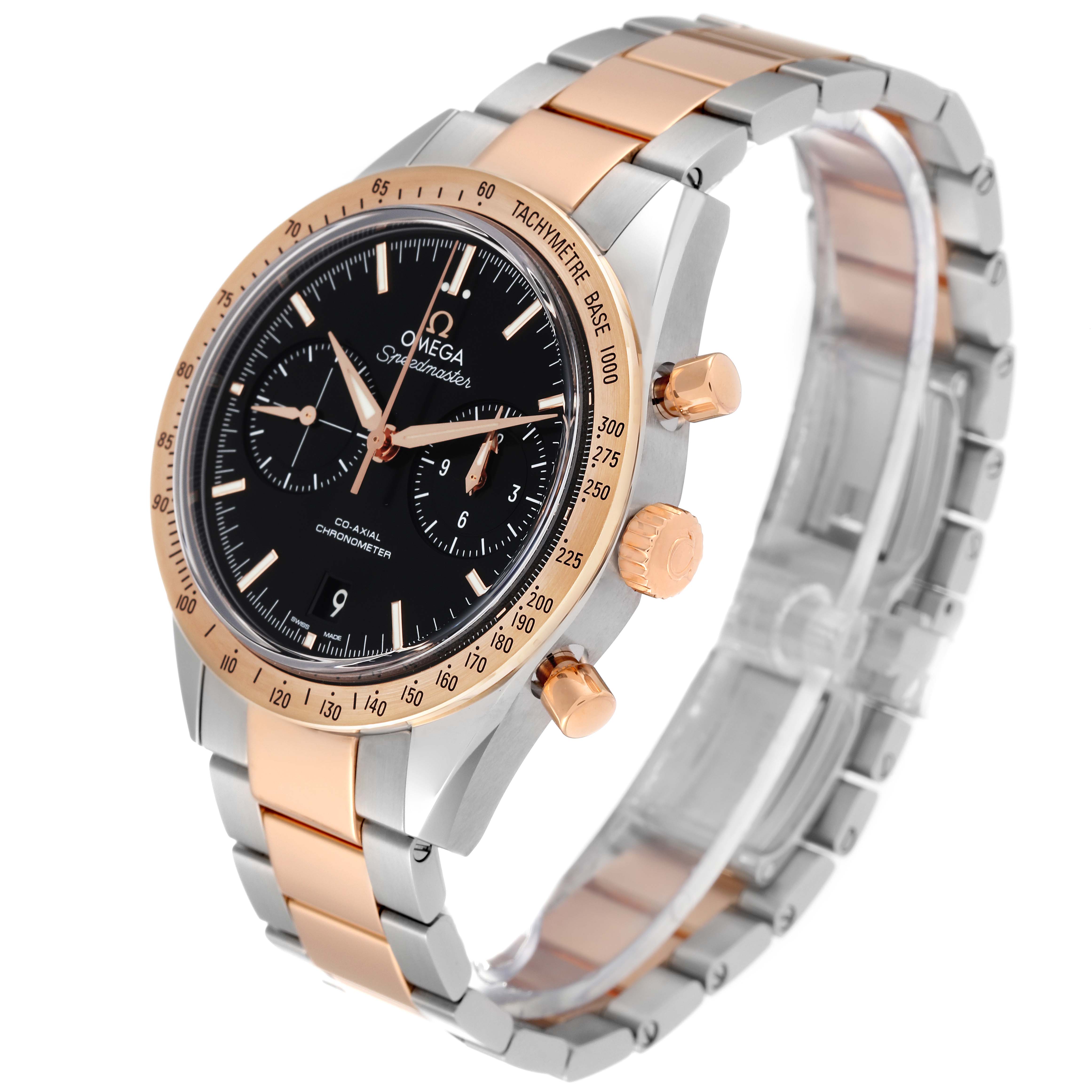 The Omega Speedmaster 331.20.42.51.01.002 Men's Steel and Gold (two tone) Black Dial 331.20.42.51.01.002 Men's Steel and Gold (two tone) Black Dial watch is shown at a three-quarter angle, displaying the bracelet, bezel, dial, and crown.