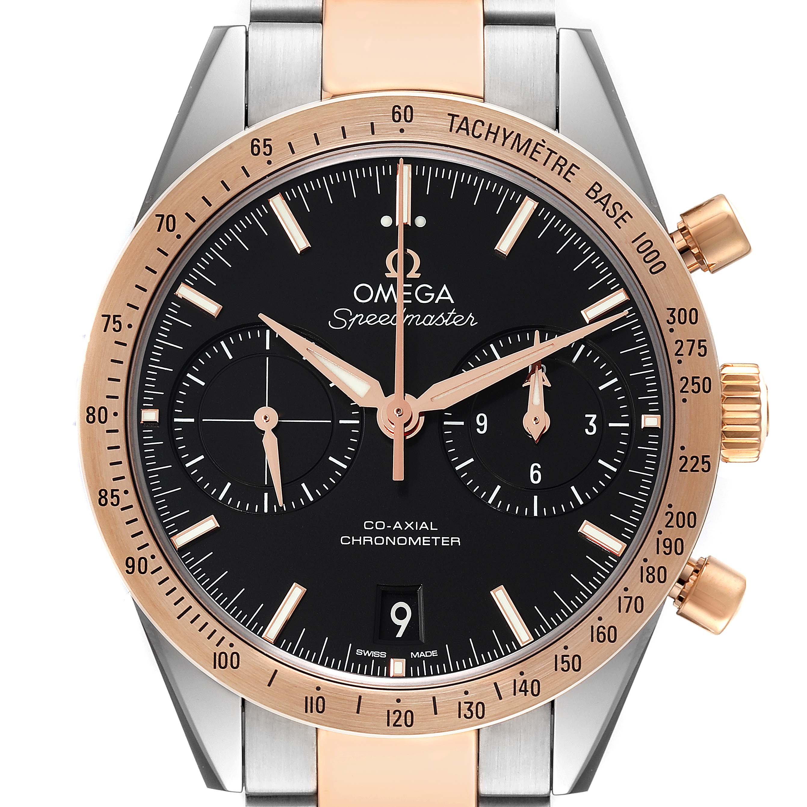 The image shows a front view of the Omega Speedmaster 331.20.42.51.01.002 Men's Steel and Gold (two tone) Black Dial 331.20.42.51.01.002 Men's Steel and Gold (two tone) Black Dial watch, highlighting the dial, subdials, bezel, and part of the bracelet.