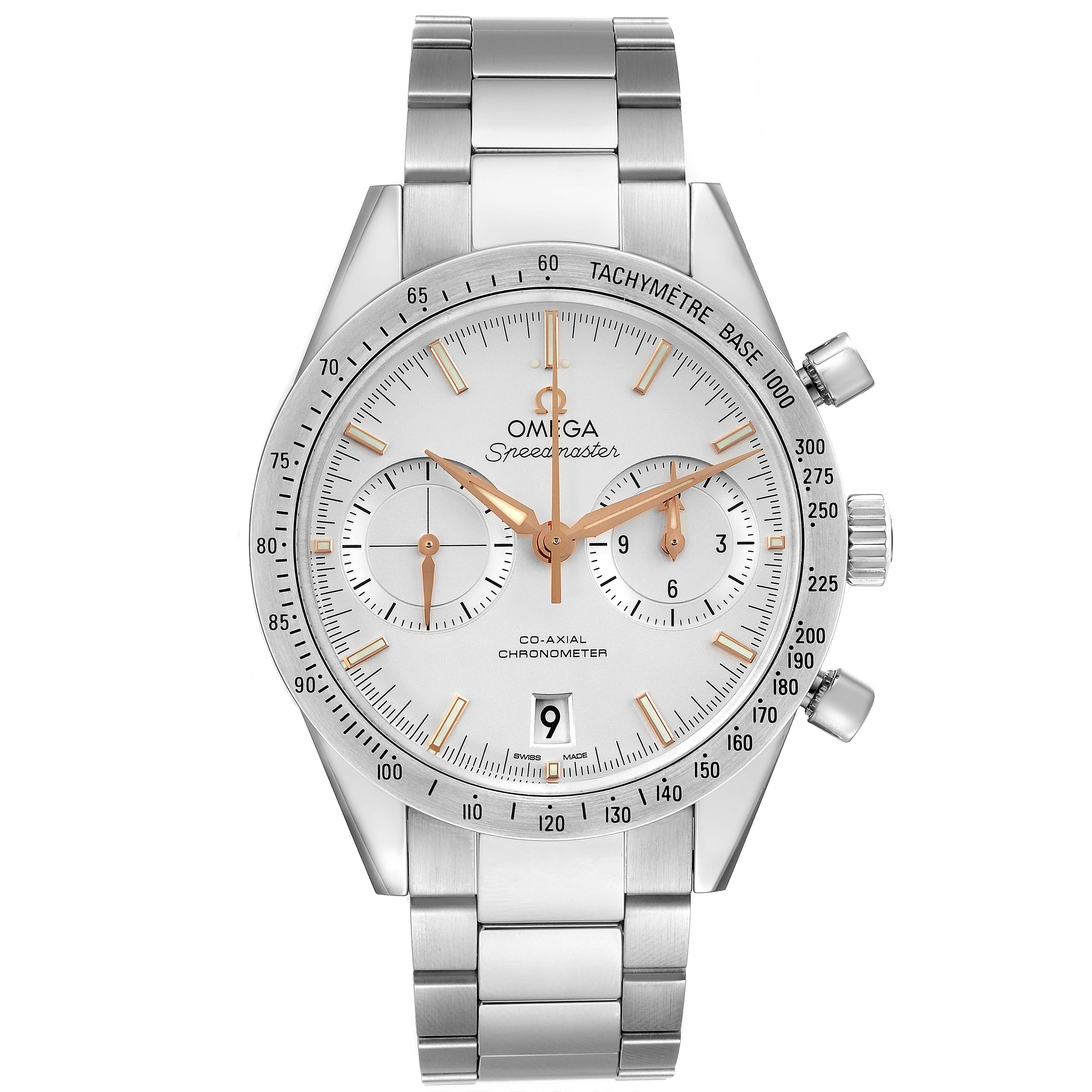 The watch shown is an Omega Speedmaster 331.10.42.51.02.002 Men
s Stainless Steel Silver Dial 331.10.42.51.02.002 Men
s Stainless Steel Silver Dial, front view, displaying a tachymeter bezel, chronograph subdials, and a stainless steel bracelet.