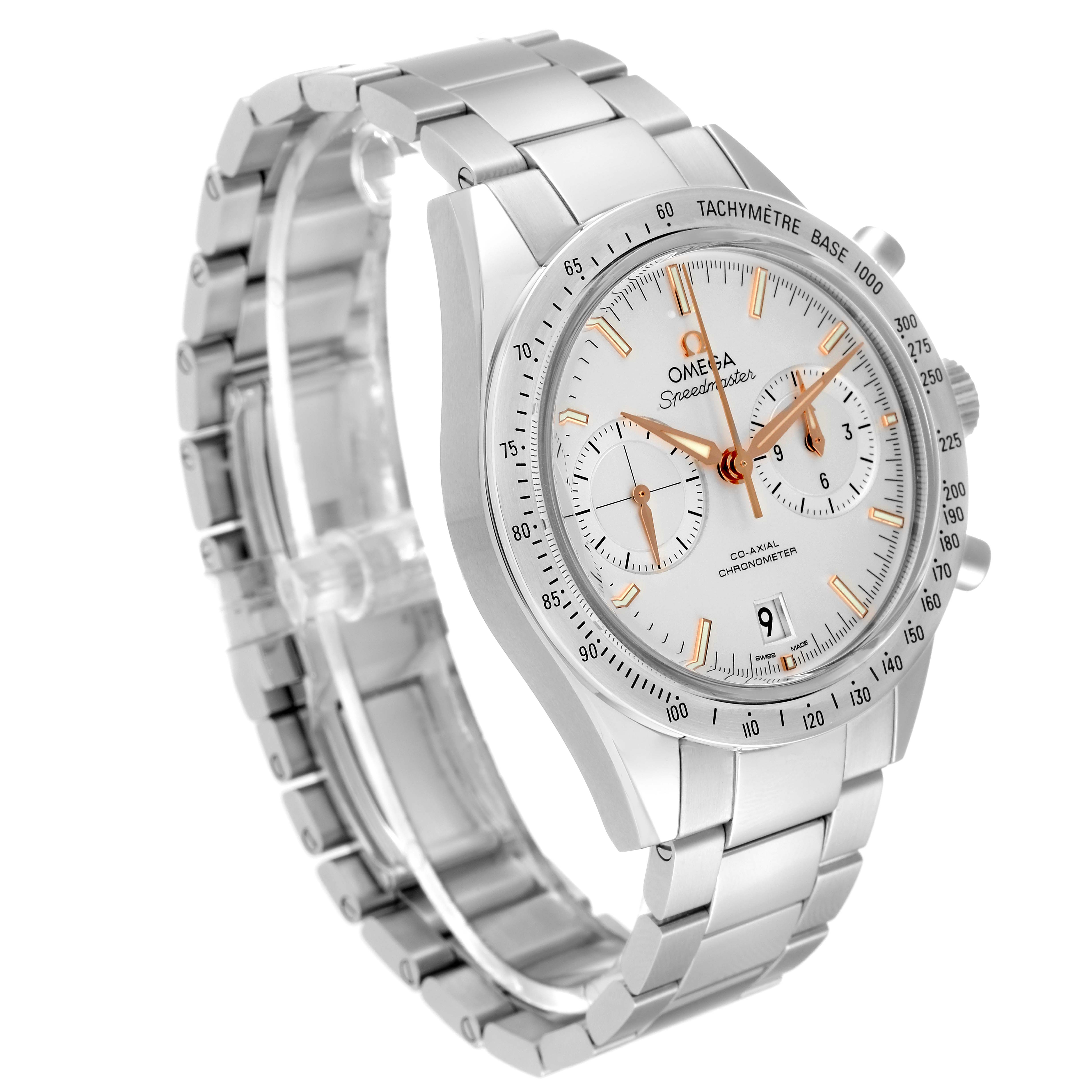 The image shows an Omega Speedmaster 331.10.42.51.02.002 Men
s Stainless Steel Silver Dial 331.10.42.51.02.002 Men
s Stainless Steel Silver Dial watch at an angle highlighting its face, tachymeter bezel, and metal bracelet.