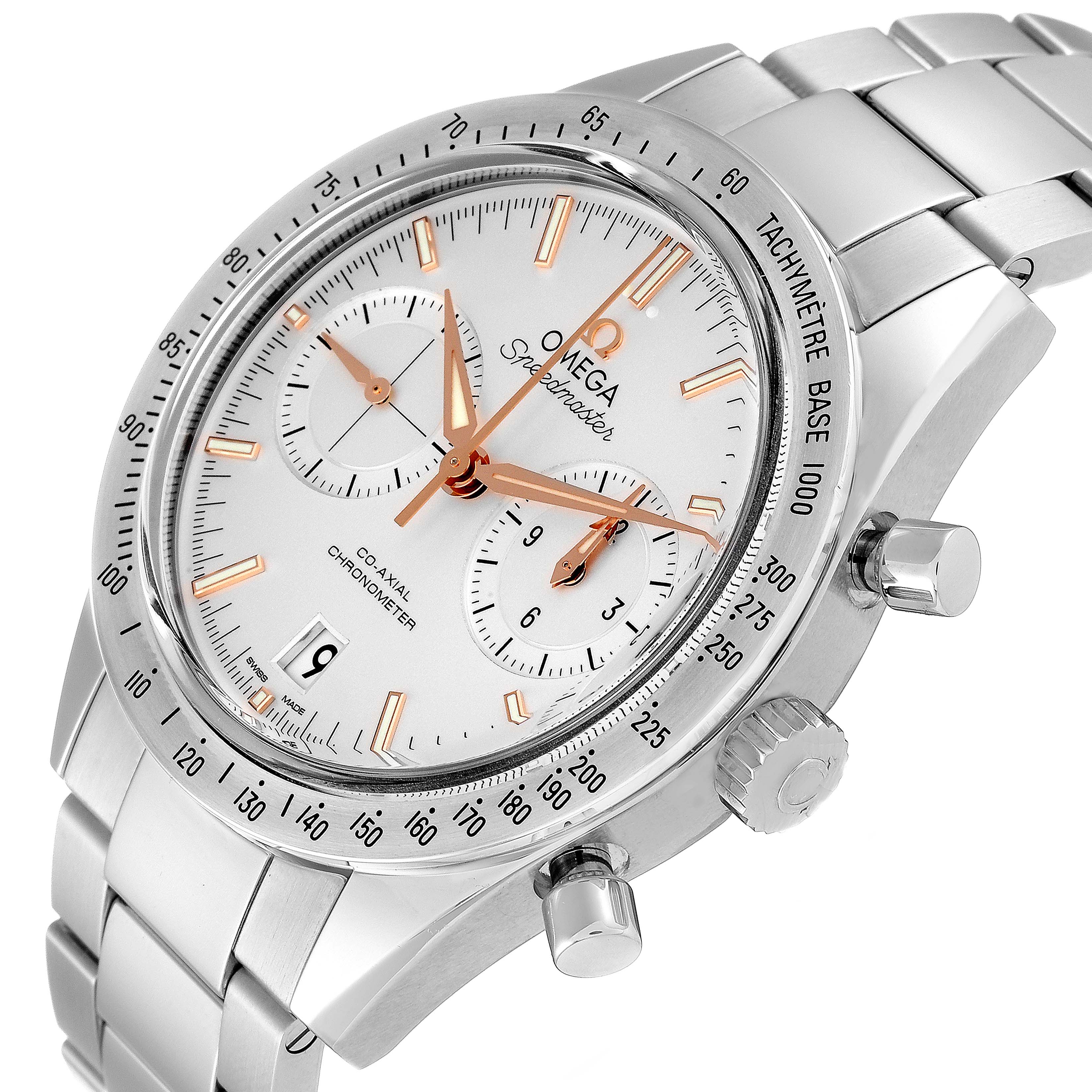 This Omega Speedmaster 331.10.42.51.02.002 Men
s Stainless Steel Silver Dial 331.10.42.51.02.002 Men
s Stainless Steel Silver Dial watch is pictured at a 3 o
clock angle, showing the dial, crown, pushers, and part of the bracelet.