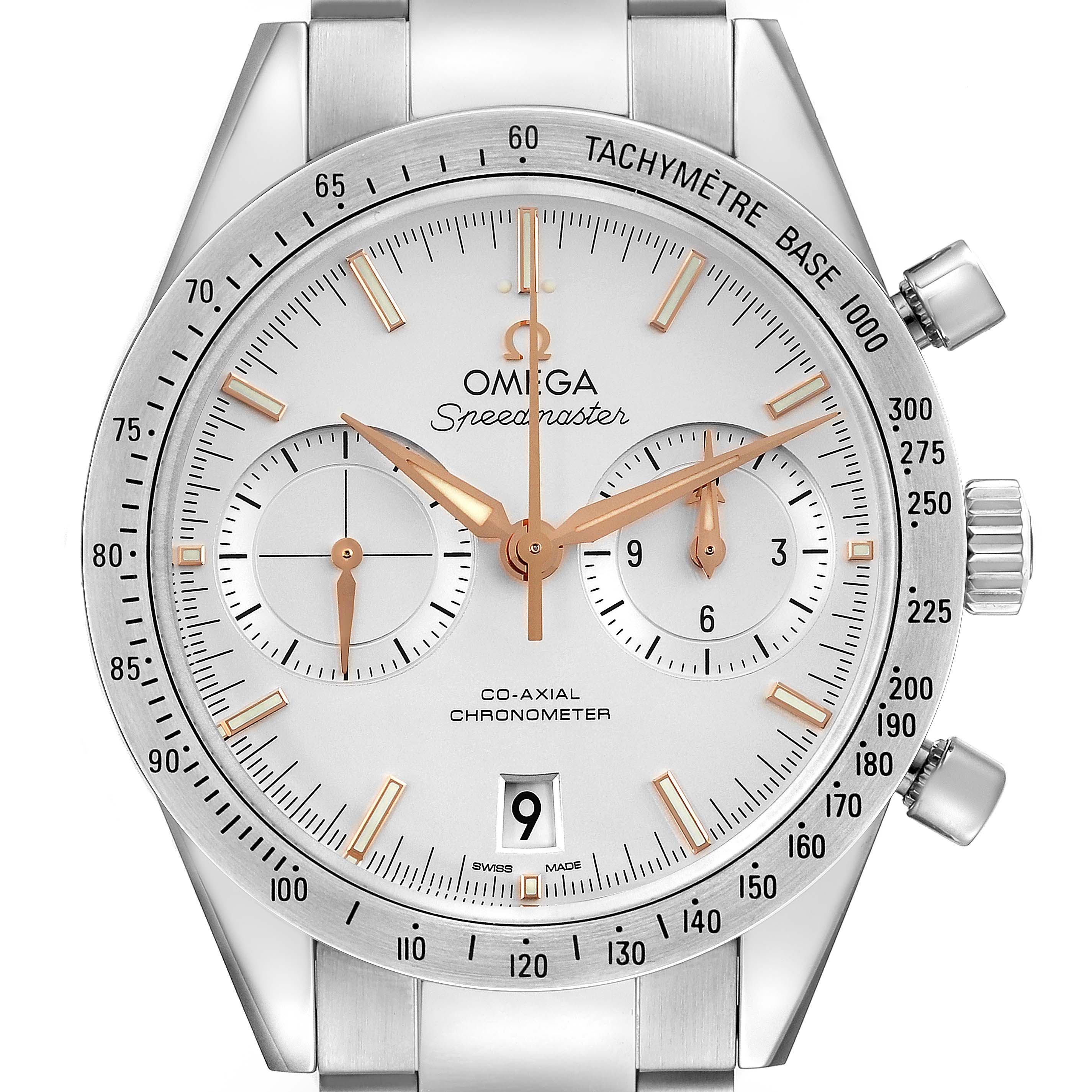 The image shows a front view of the Omega Speedmaster 331.10.42.51.02.002 Men
s Stainless Steel Silver Dial 331.10.42.51.02.002 Men
s Stainless Steel Silver Dial watch, highlighting its dial, tachymeter, and sub-dials.