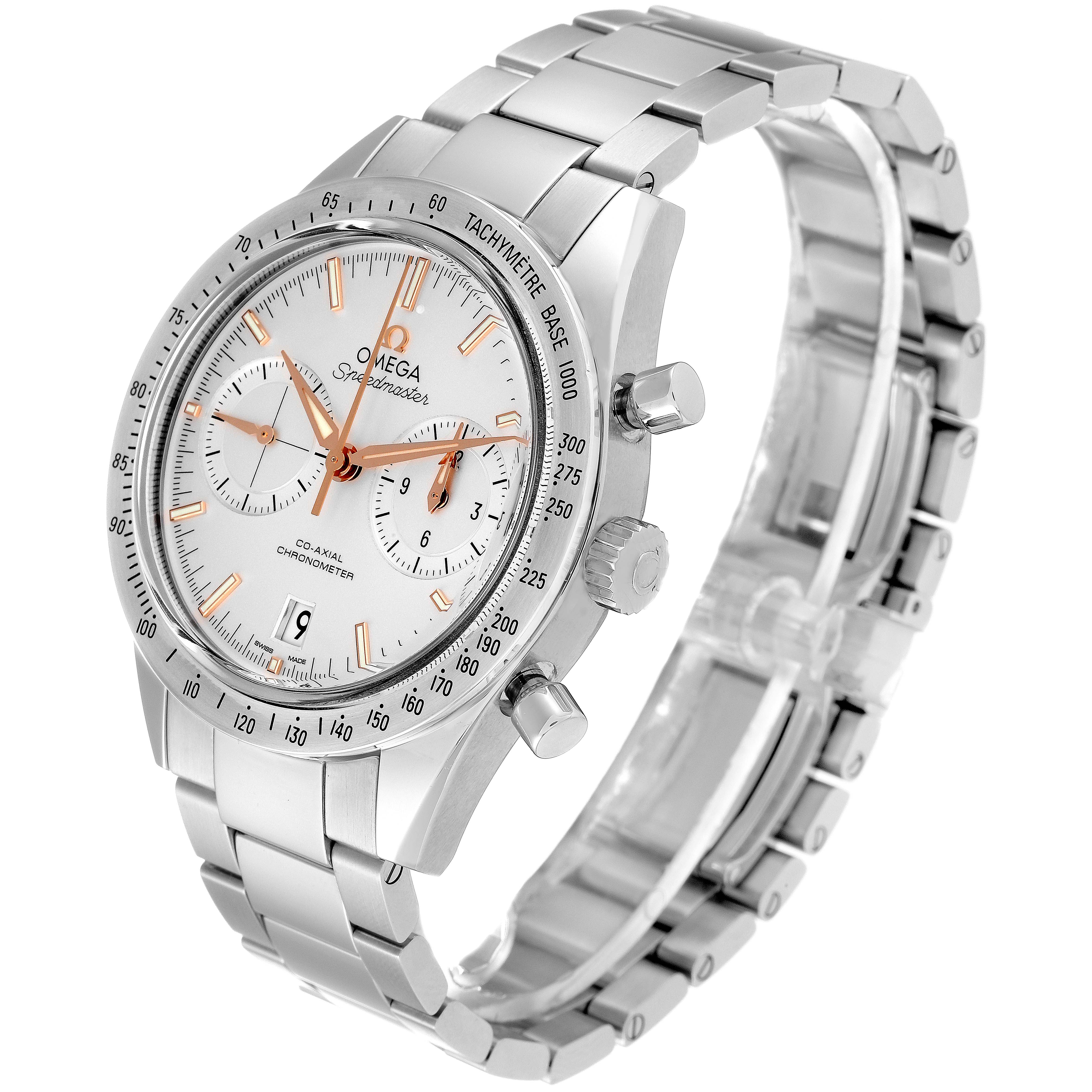 The image shows a side angle of an Omega Speedmaster 331.10.42.51.02.002 Men
s Stainless Steel Silver Dial 331.10.42.51.02.002 Men
s Stainless Steel Silver Dial watch, highlighting the dial, bezel, bracelet, and pushers.