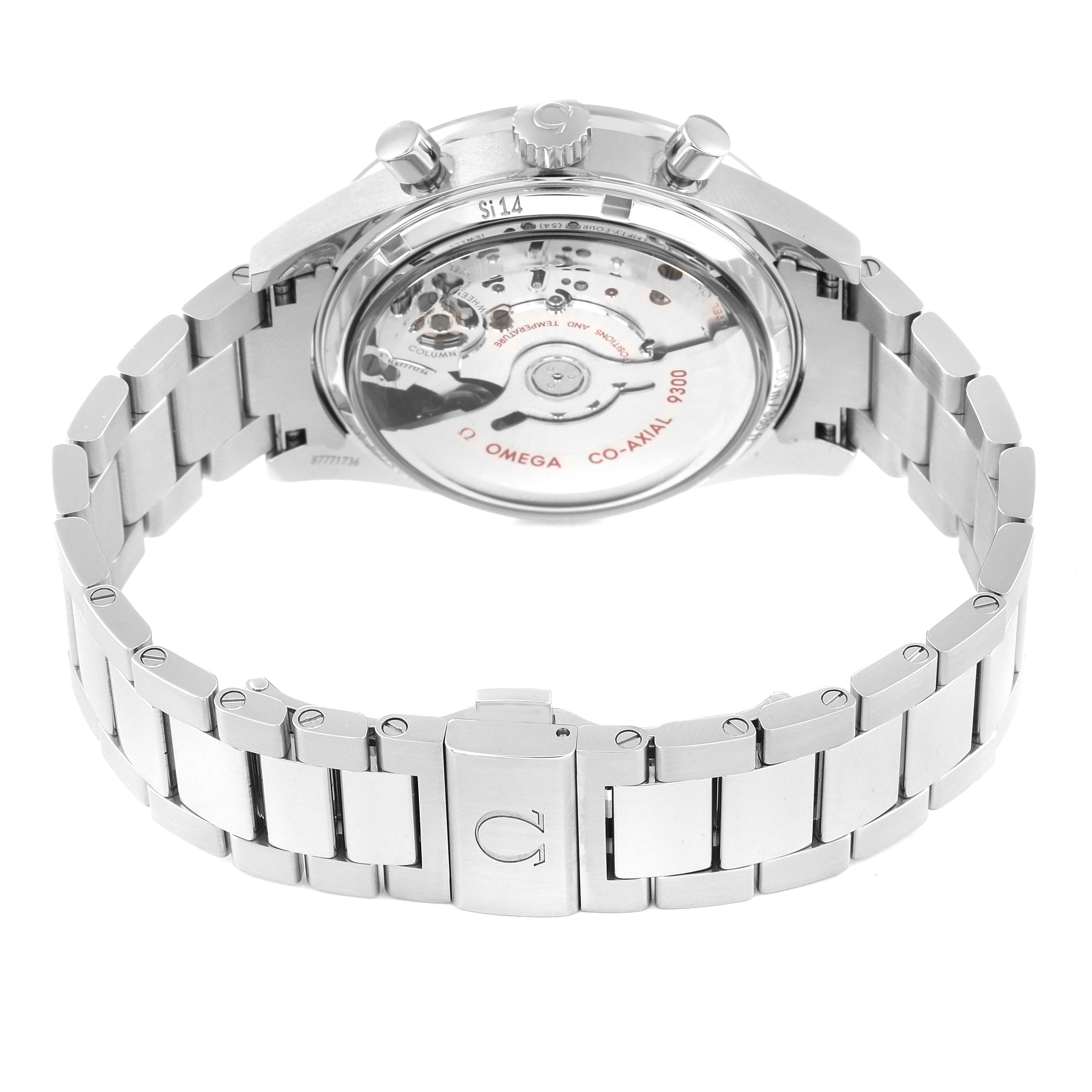 The image shows the back view of an Omega Speedmaster 331.10.42.51.02.002 Men
s Stainless Steel Silver Dial 331.10.42.51.02.002 Men
s Stainless Steel Silver Dial, highlighting its co-axial movement and stainless steel bracelet.